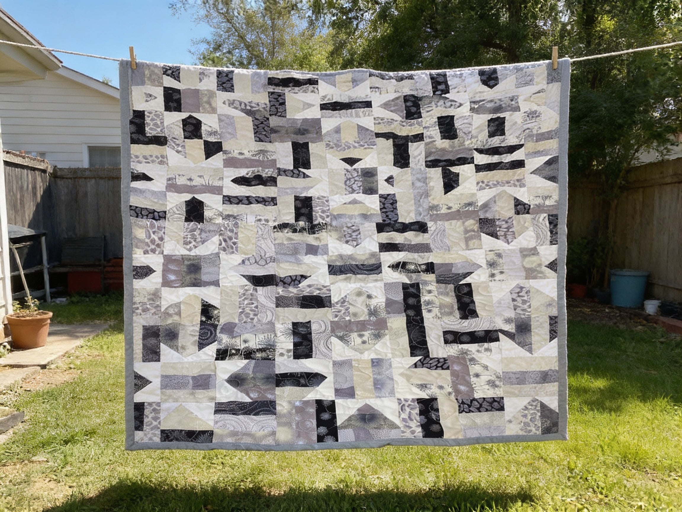 Light weight Handmade Black White Gray Patchwork Quilt – Modern Throw Blanket – 69x69 Bedspread – One of a Kind Quilt Gift comforter