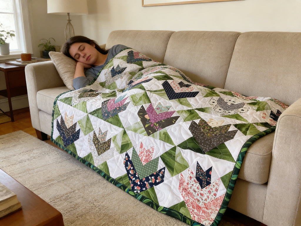 Handmade Tulip Quilt Extra Large Full Size – Floral Patchwork Blanket with Reversible Leaf Backing, Long Arm Quilted Heirloom Bedding