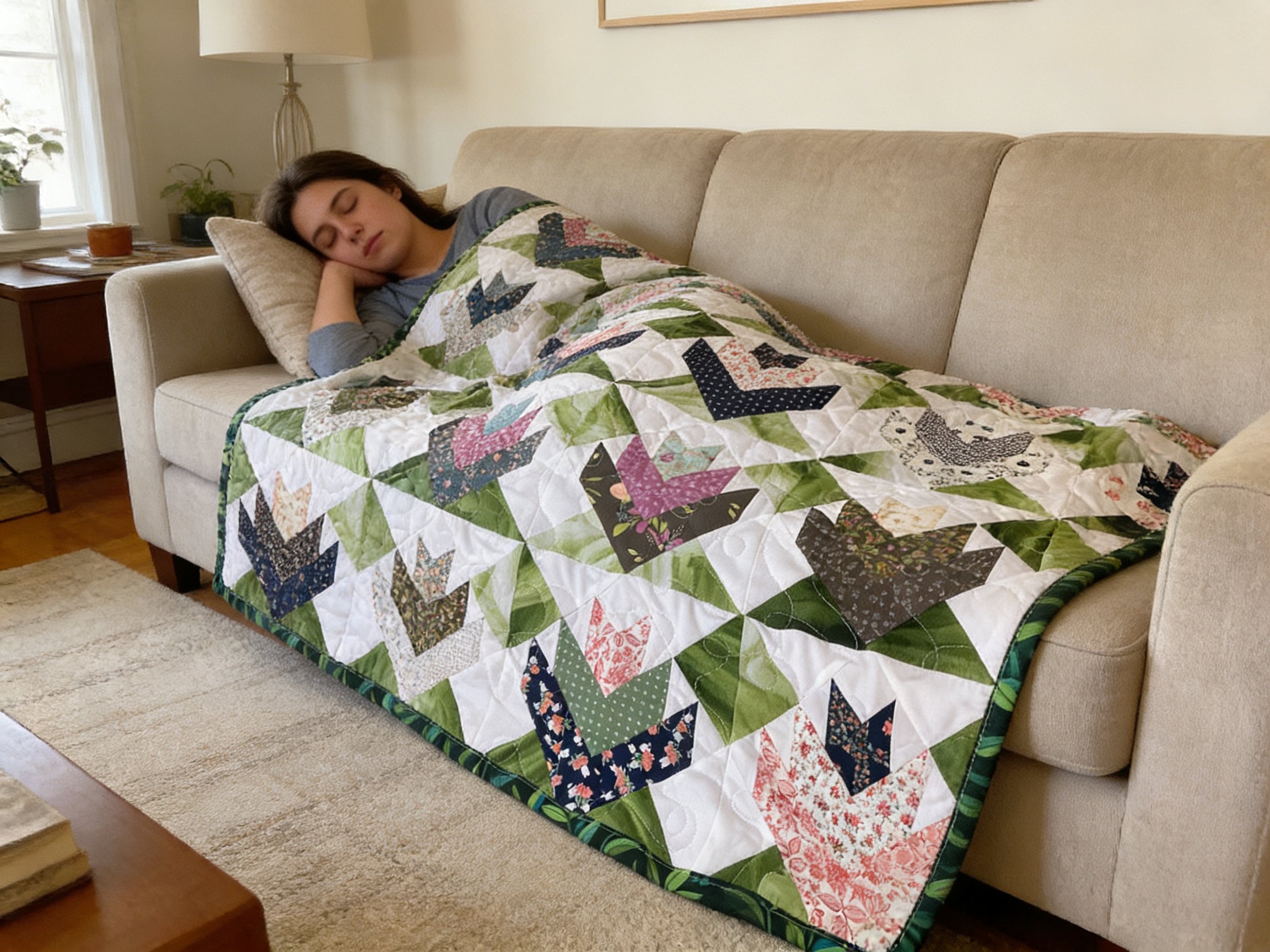 Handmade Tulip Quilt Extra Large Full Size – Floral Patchwork Blanket with Reversible Leaf Backing, Long Arm Quilted Heirloom Bedding