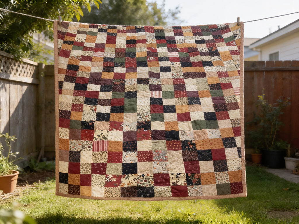 Handmade Patchwork Quilt Blanket – Brown Tan Green Blue Full Size Quilt – Cozy Farmhouse Bedding – One of a Kind Quilted Throw Gift
