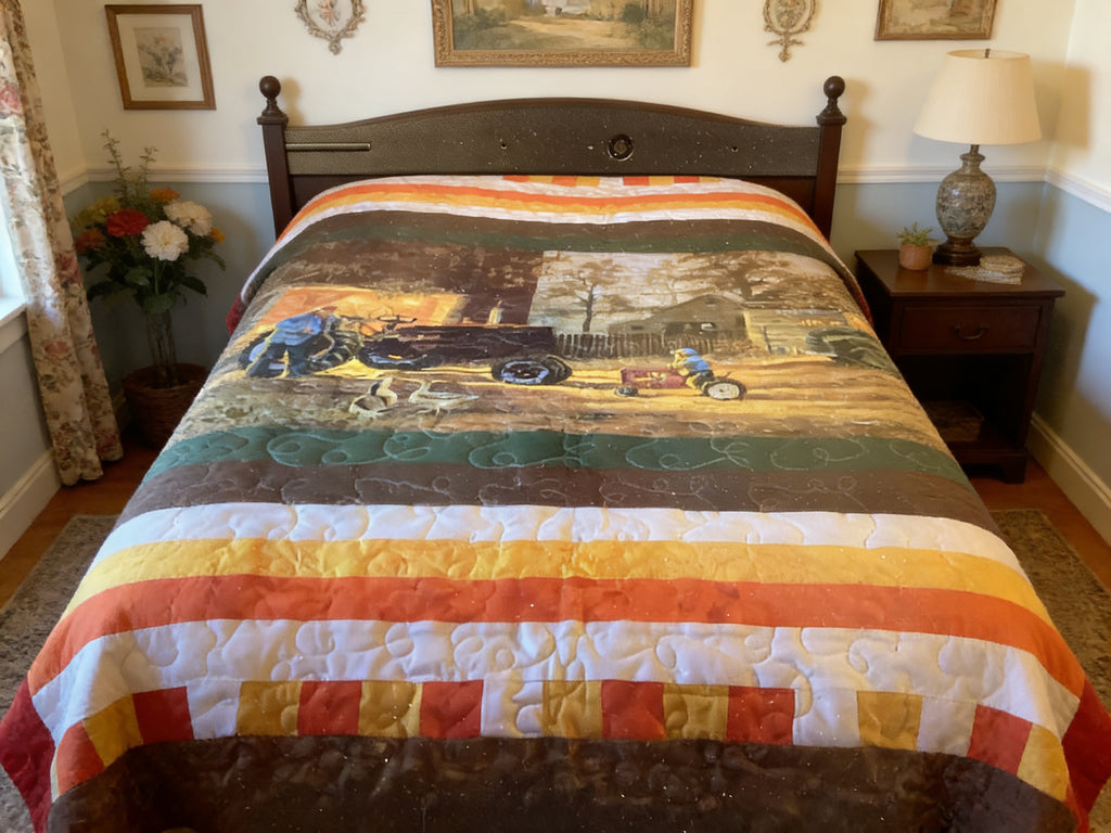 Farmhouse Scene Quilt – Queen Size, Reversible Cotton Bedding  comforter bedspread duvet cover