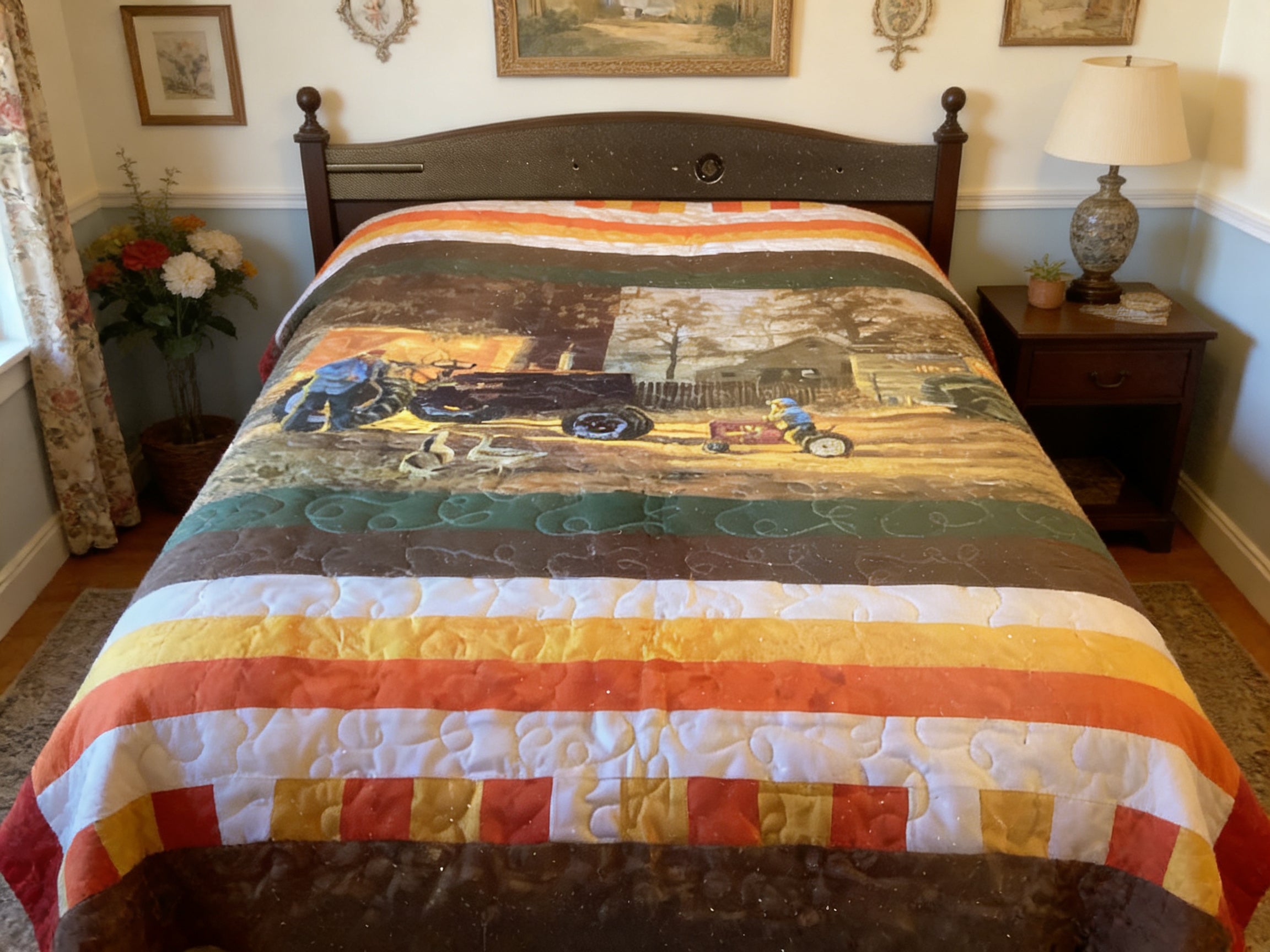 Farmhouse Scene Quilt – Queen Size, Reversible Cotton Bedding  comforter bedspread duvet cover