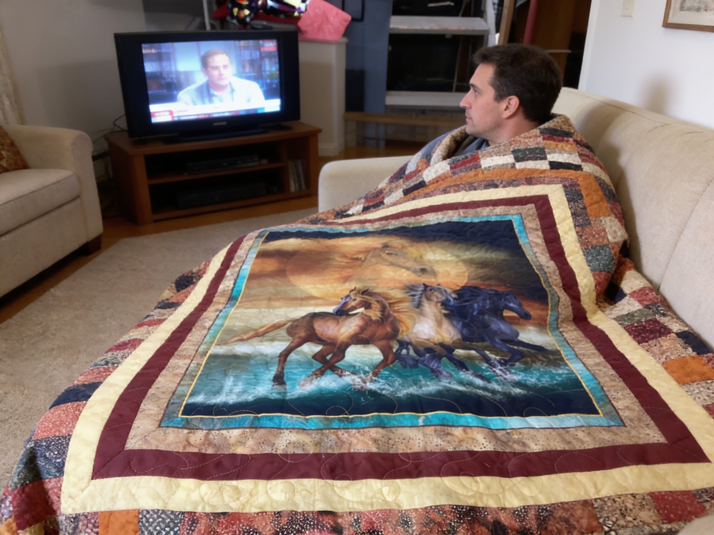 Handmade Horse Quilt Full Size – One-of-a-Kind Running Horses Blanket comforter bedspread duvet cover throw blanket