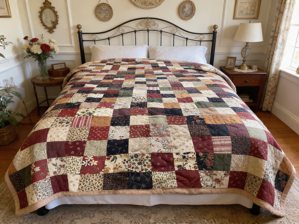 Handmade Patchwork Quilt Blanket – Brown Tan Green Blue Full Size Quilt – Cozy Farmhouse Bedding – One of a Kind Quilted Throw Gift