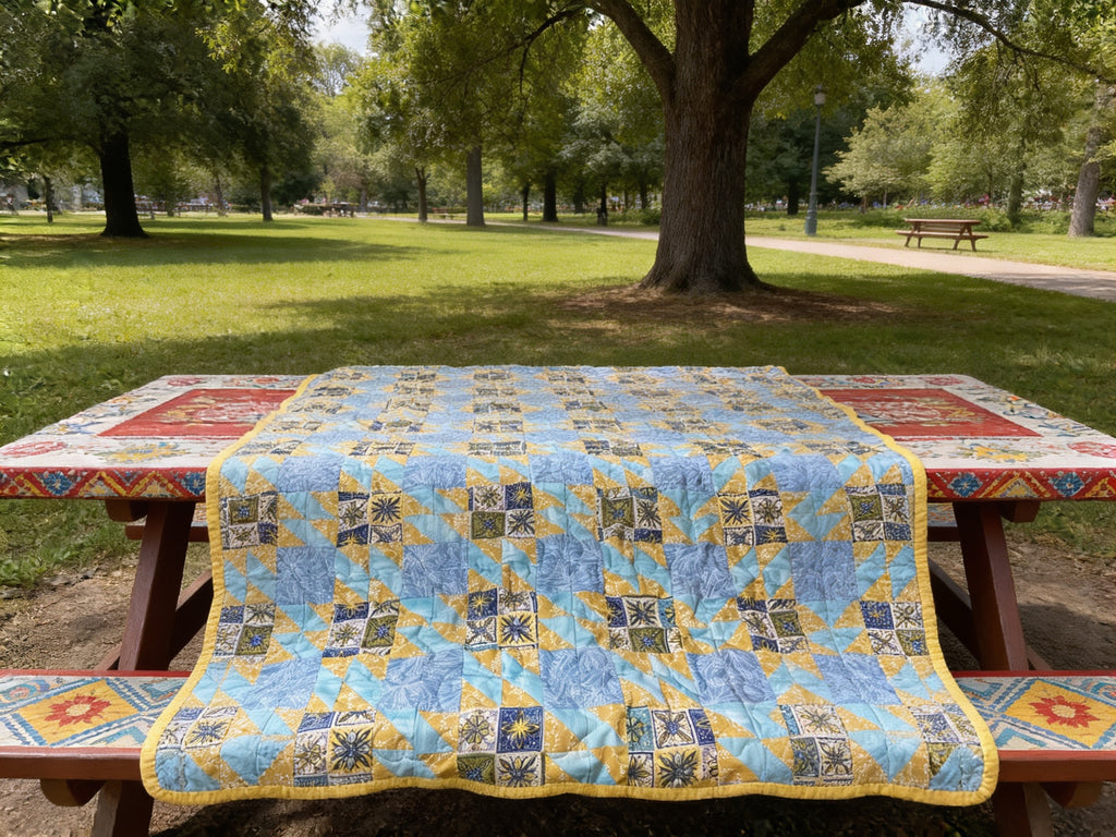 Handmade Quilt – Blue Yellow Fabric Geometric Design