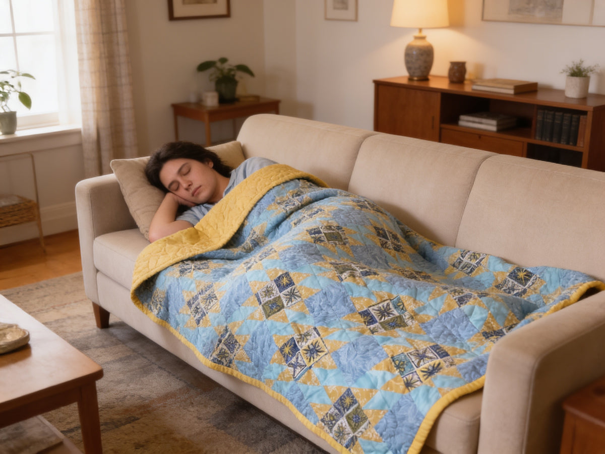 Handmade Quilt – Blue Yellow Fabric Geometric Design