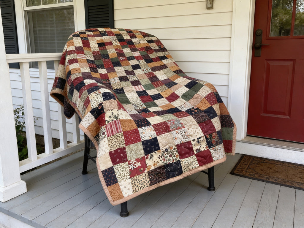 Handmade Patchwork Quilt Blanket – Brown Tan Green Blue Full Size Quilt – Cozy Farmhouse Bedding – One of a Kind Quilted Throw Gift