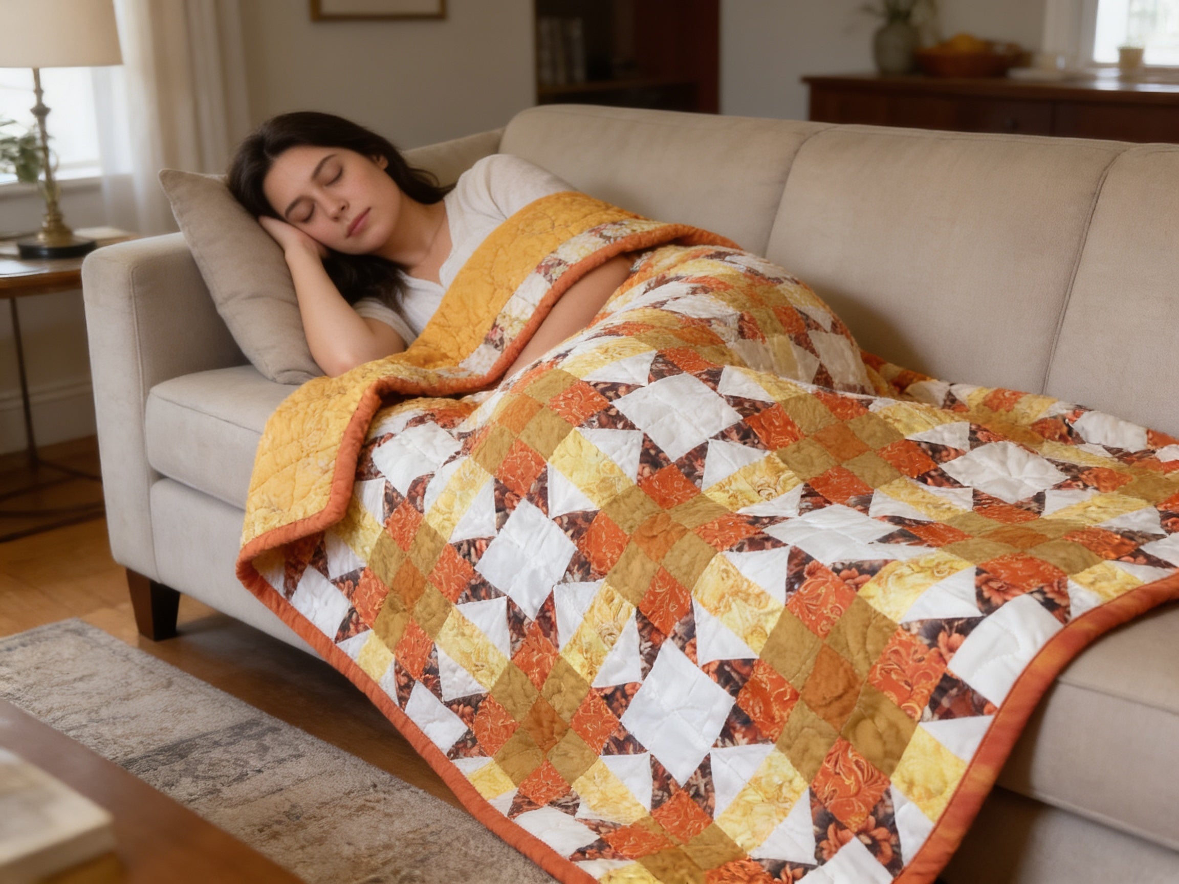 Sunburst Starfire Queen Quilt – Handmade Orange Yellow White Star Pattern Bedspread – Reversible Heirloom Blanket