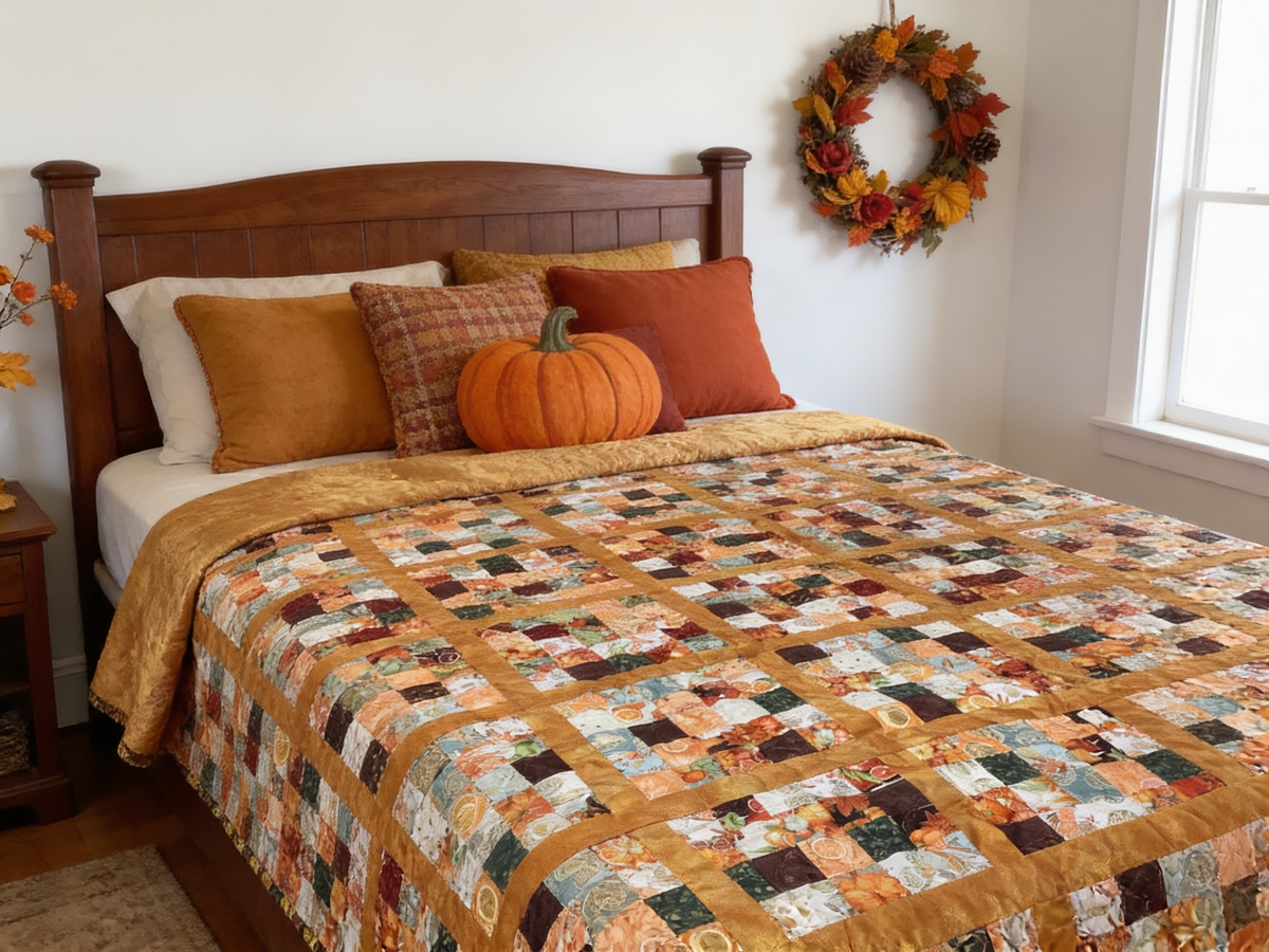 Handmade Autumn Quilt – Orange Yellow Leaf Pumpkin Print