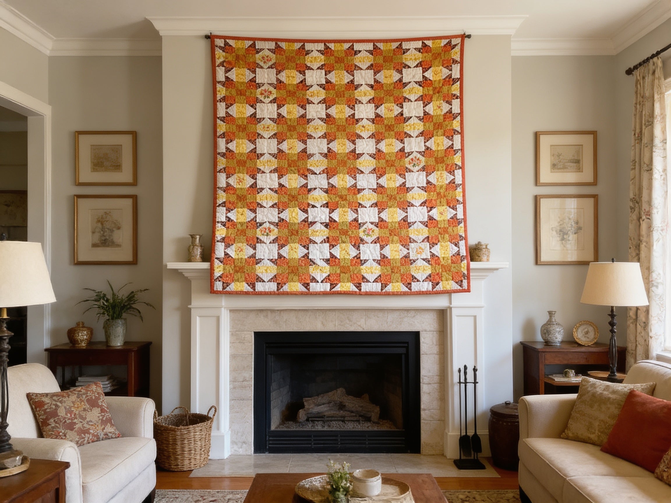 Sunburst Starfire Queen Quilt – Handmade Orange Yellow White Star Pattern Bedspread – Reversible Heirloom Blanket