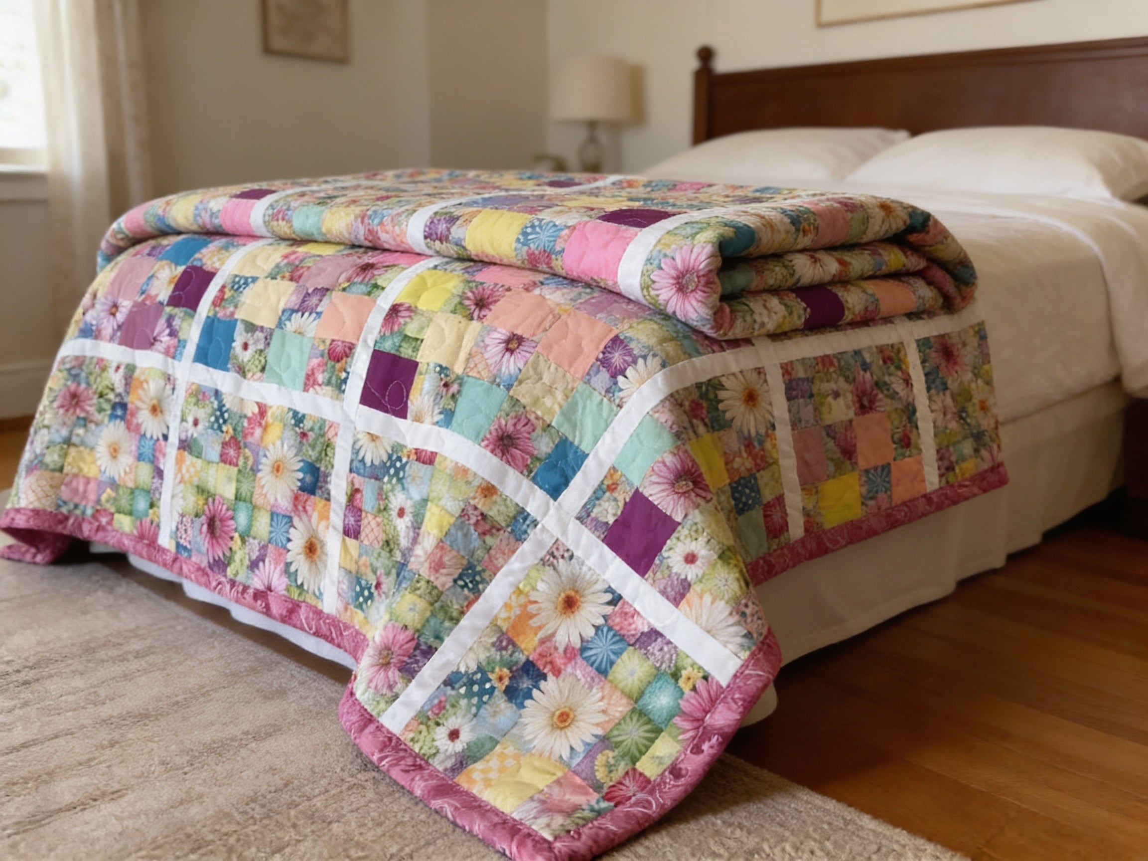Handmade Rainbow Daisy Quilt – King Queen Size Floral Patchwork Blanket – Pink Backing Cozy Cottagecore Bedding Gift