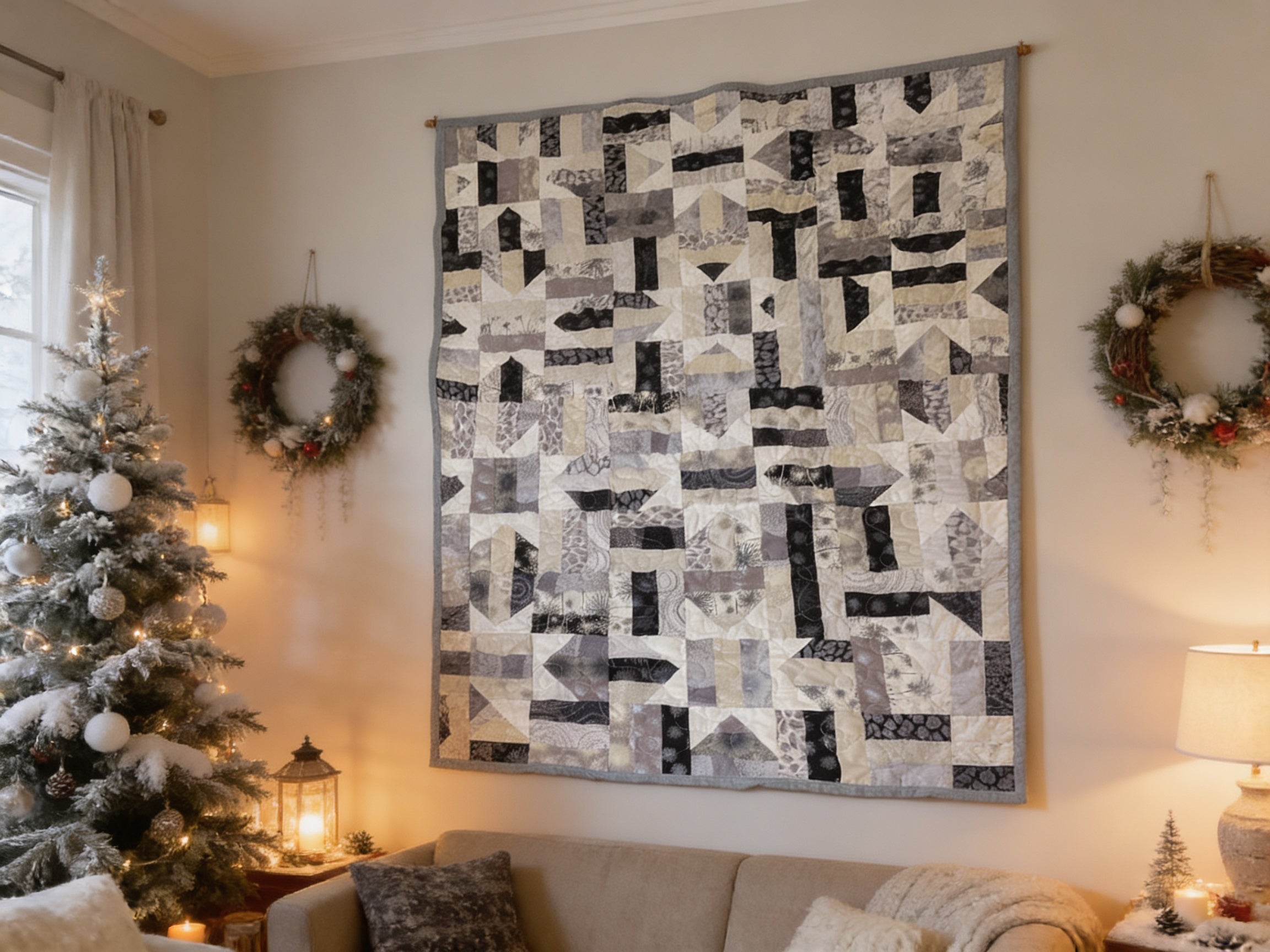 Light weight Handmade Black White Gray Patchwork Quilt – Modern Throw Blanket – 69x69 Bedspread – One of a Kind Quilt Gift comforter