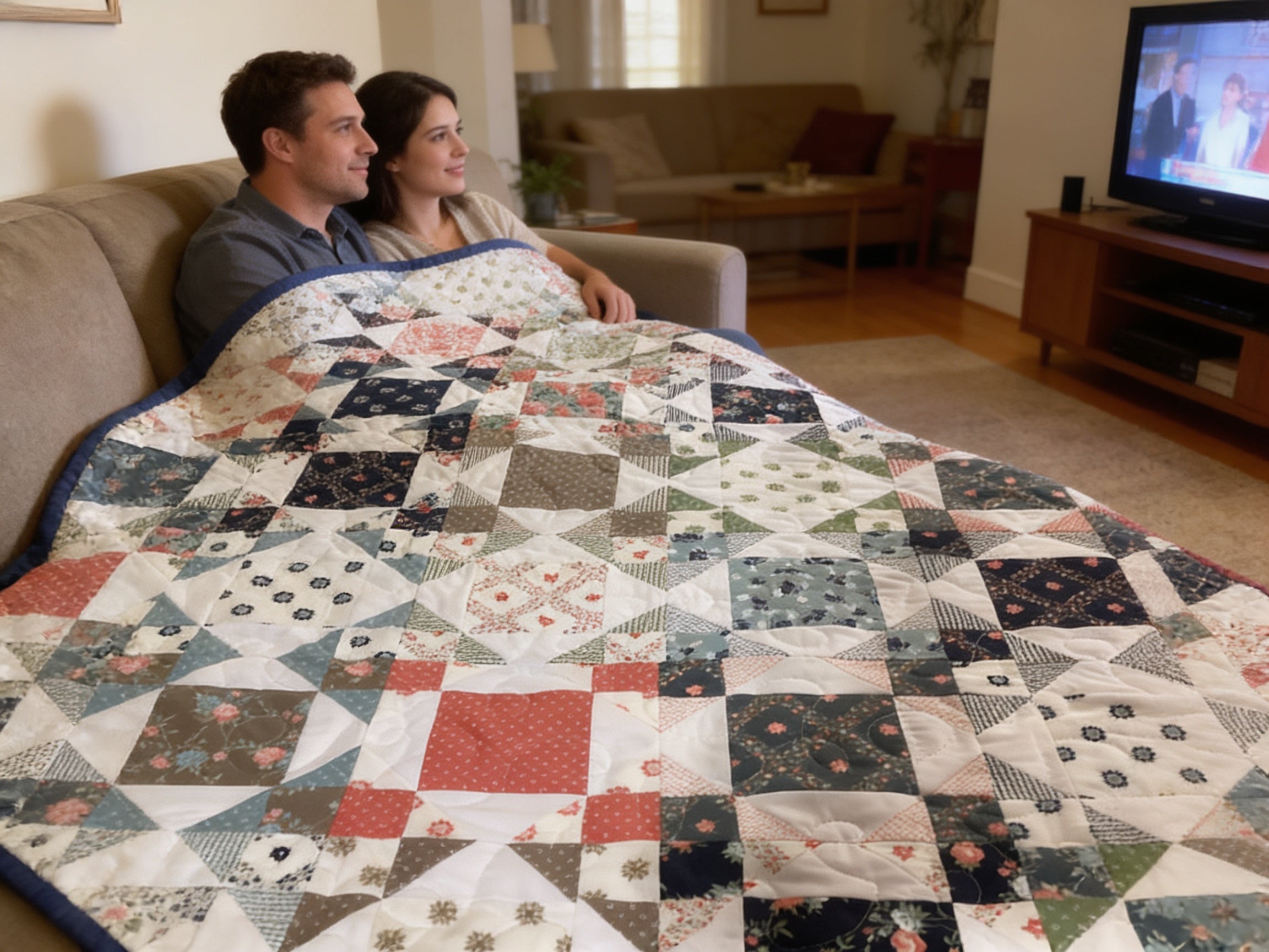 Handmade Queen Size Country Quilt – Blue, Pink & Green Floral Patchwork Blanket comforter bedspread duvet cover throw blanket