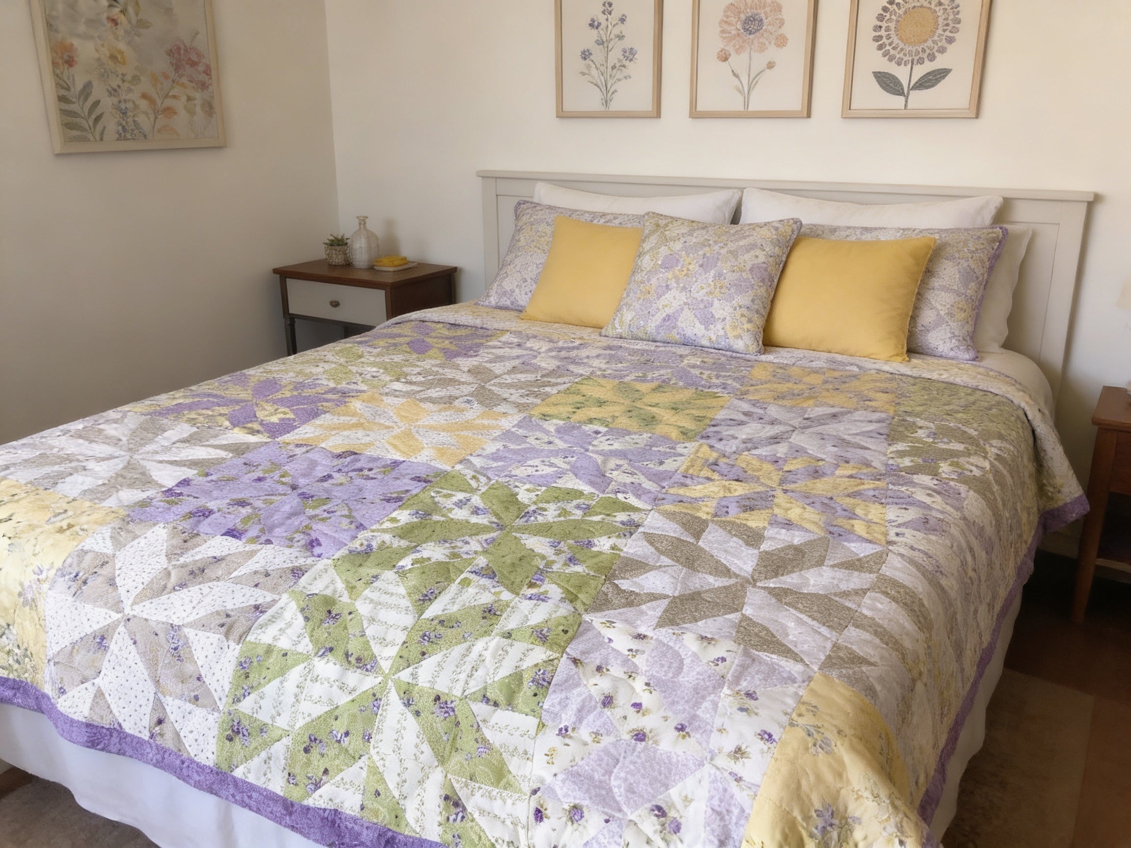 Handmade Queen Size Purple Floral Quilt – Green Yellow Wildflower Quilt – Heirloom Long Arm Quilted Bedspread throw blanket comforter
