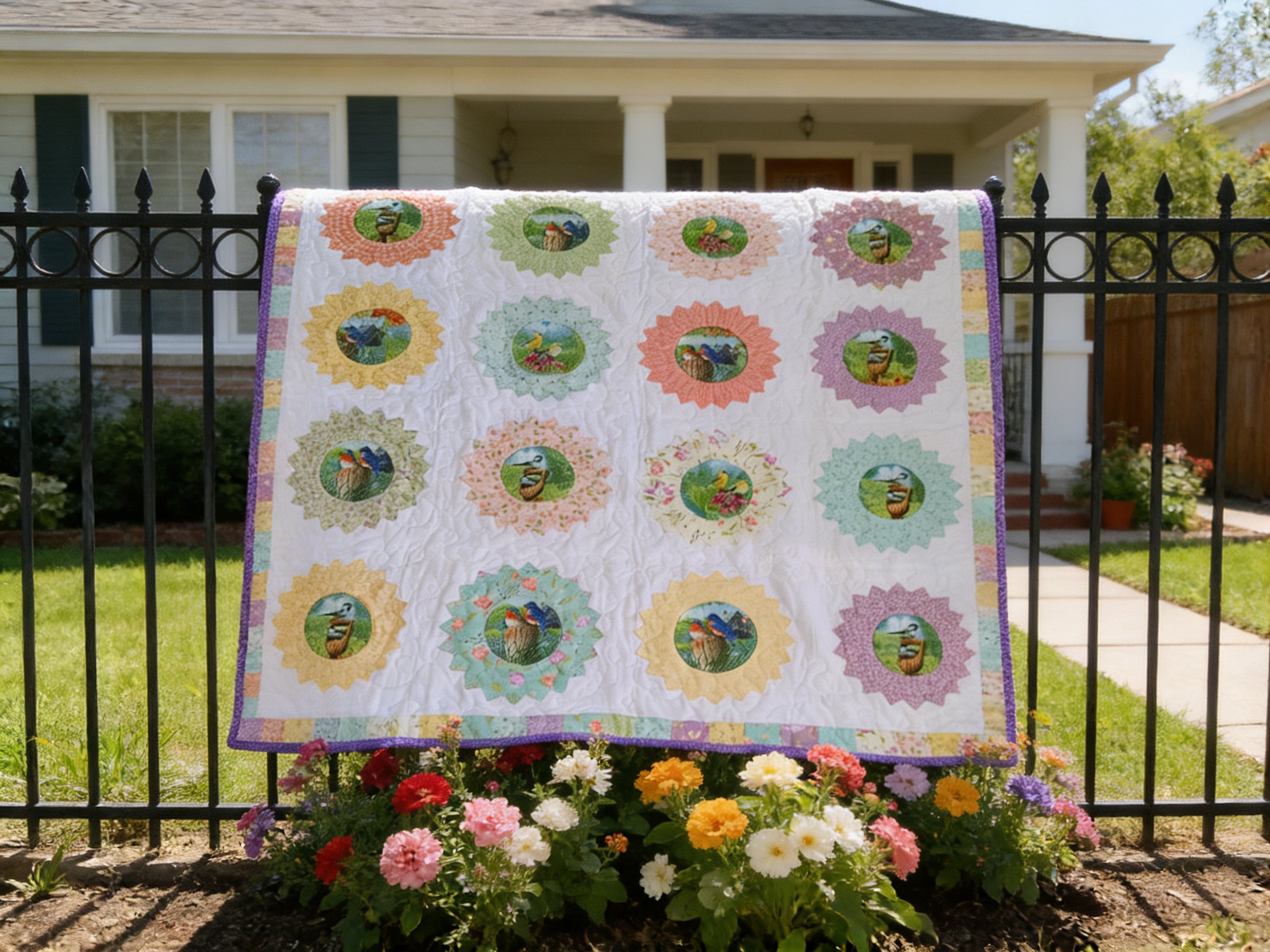 Personalized Bird & Flower Quilt - Handmade Throw Blanket comforter bedspread duvet cover gift idea