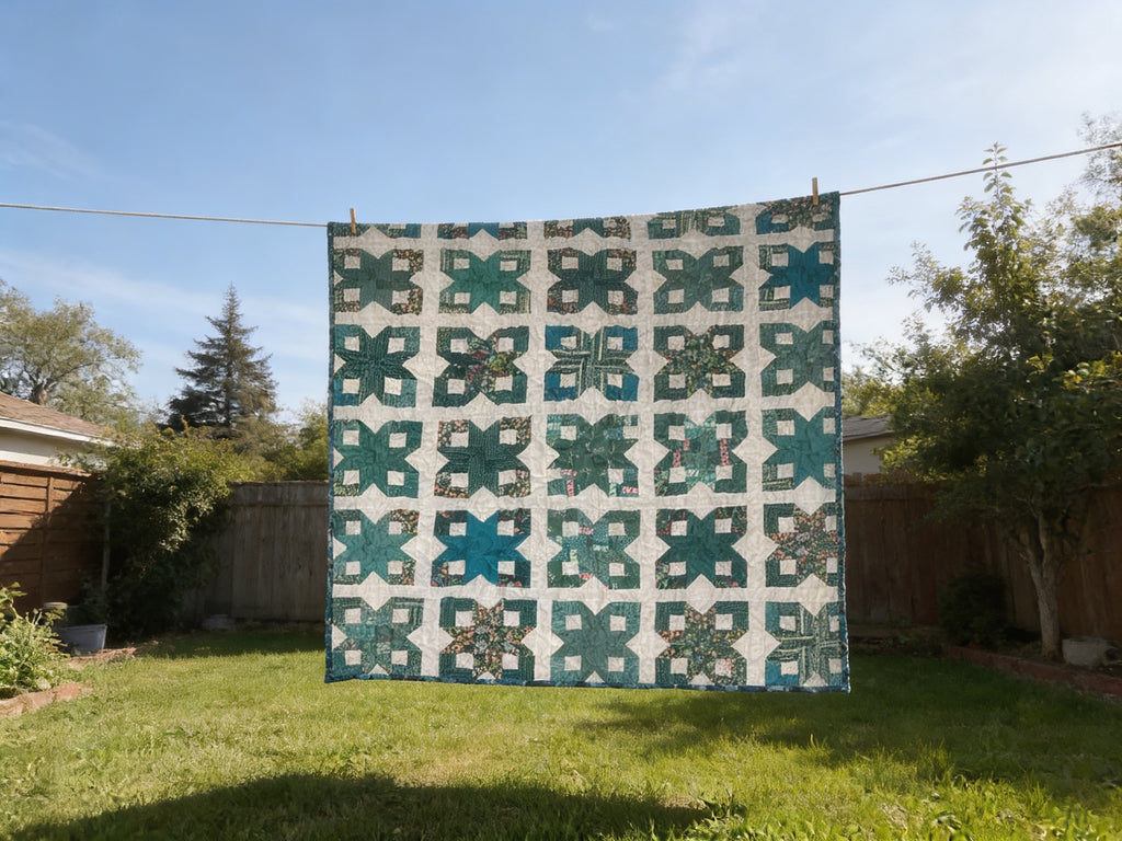 Blue Teal White Geometric Quilt Reversible Handmade Blanket Floral Accent Lightweight Quilt Gift