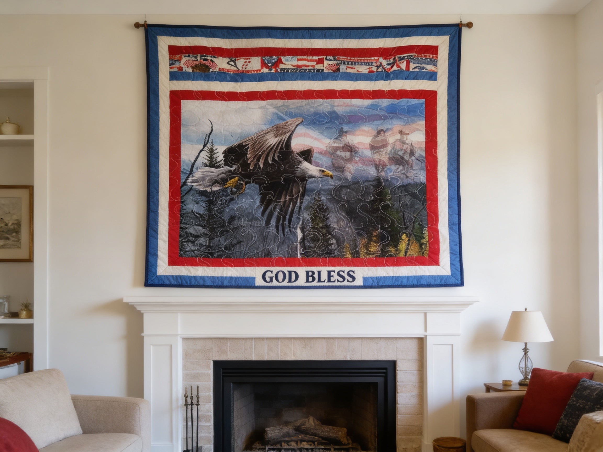 Flying Eagle Patriotic Quilt – Handmade Red White Blue Throw comforter bedspread duvet cover gift idea