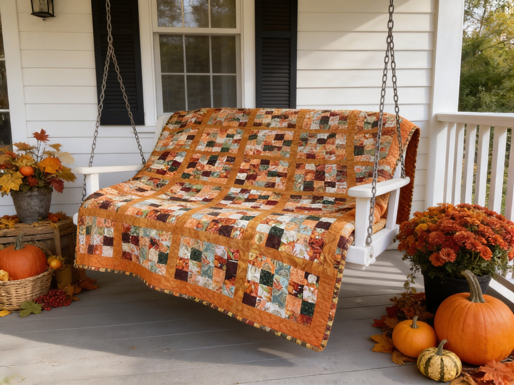 Handmade Autumn Quilt – Orange Yellow Leaf Pumpkin Print