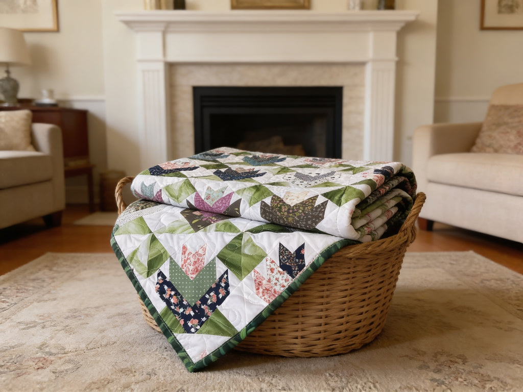 Handmade Tulip Quilt Extra Large Full Size – Floral Patchwork Blanket with Reversible Leaf Backing, Long Arm Quilted Heirloom Bedding