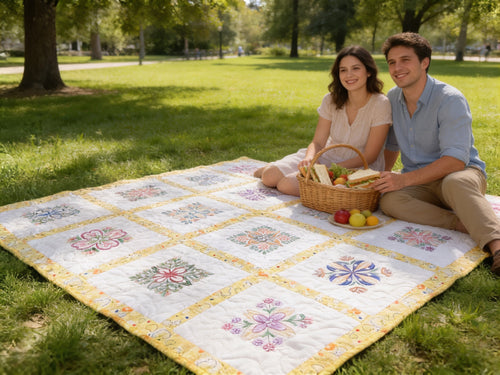 Embroidered Heirloom Quilt in Blooming Rainbow Florals  comforter bedspread throw blanket gift idea
