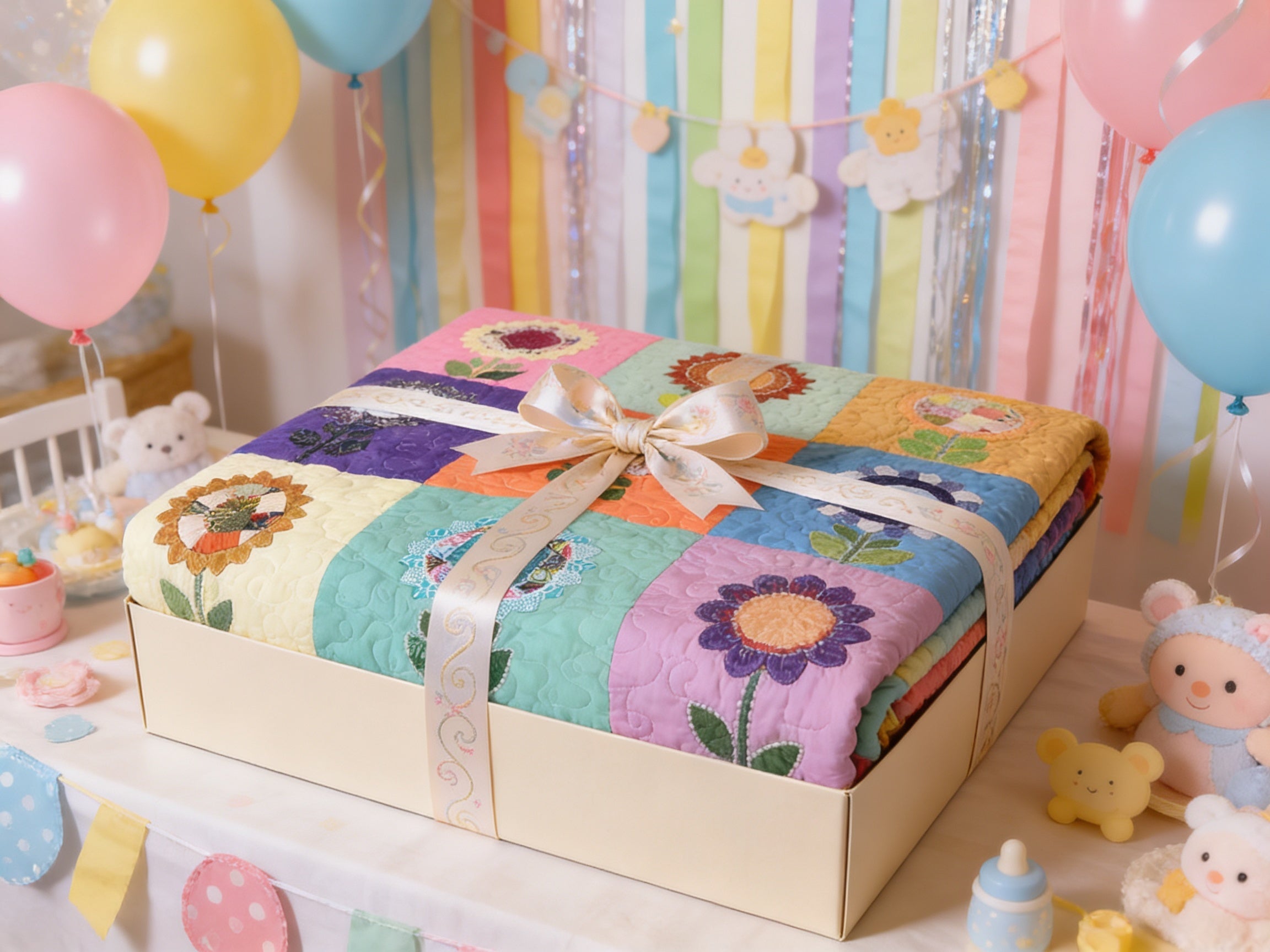 Handmade Appliqué Flower Quilt – Vibrant Rainbow Floral Throw Blanket baby quilt blanket  comforter bedspread nursey decor gift idea