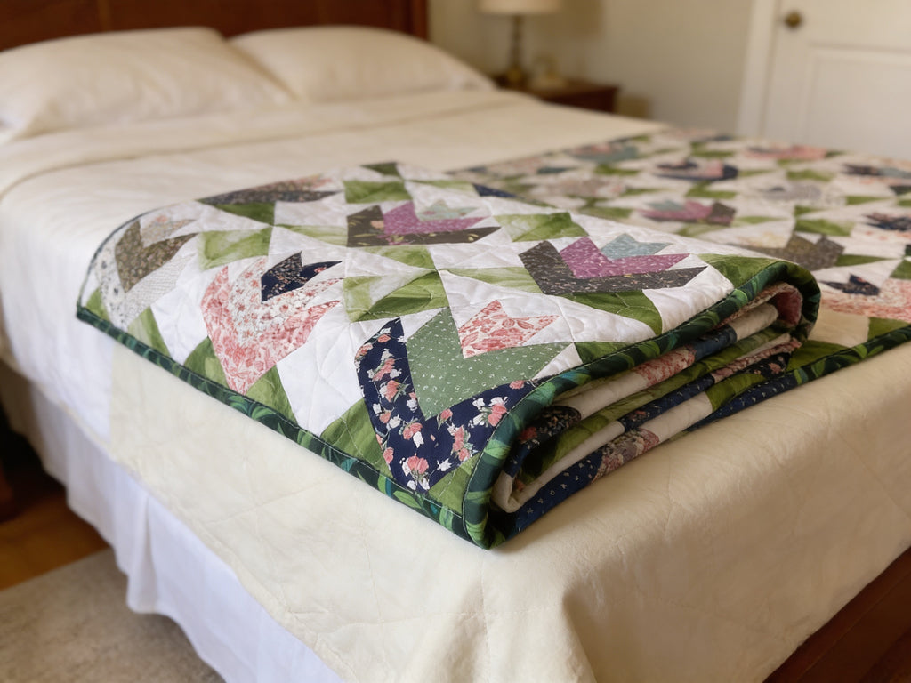 Handmade Tulip Quilt Extra Large Full Size – Floral Patchwork Blanket with Reversible Leaf Backing, Long Arm Quilted Heirloom Bedding