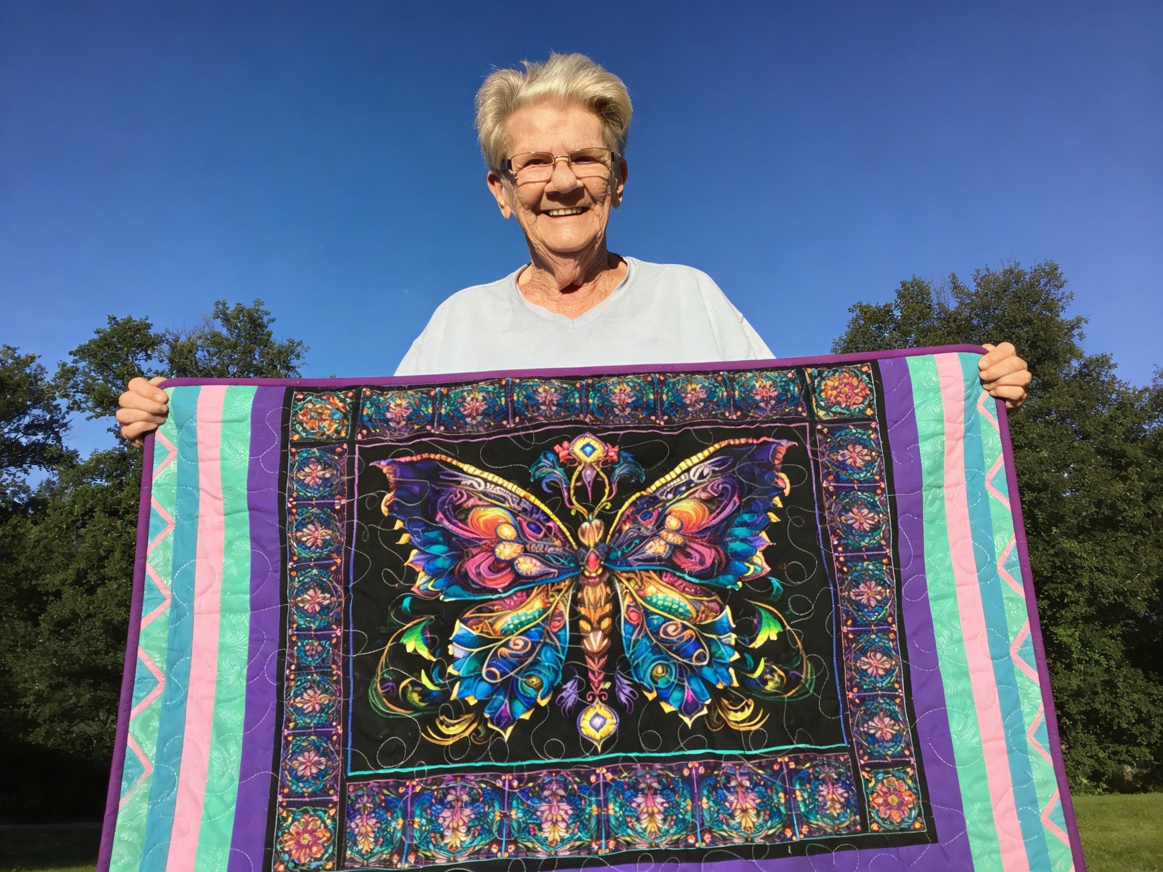 A One-of-a-Kind Butterfly & Dragonfly Reversible Heirloom Quilt comforter bedspread duvet cover throw blanket