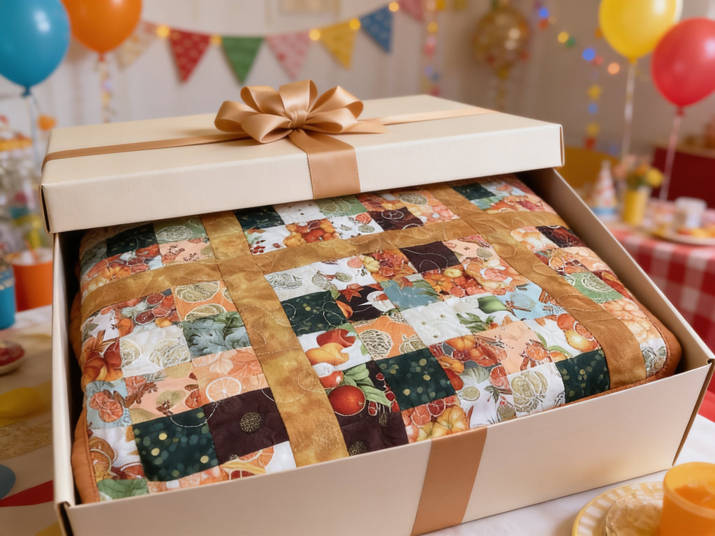 Handmade Autumn Quilt – Orange Yellow Leaf Pumpkin Print