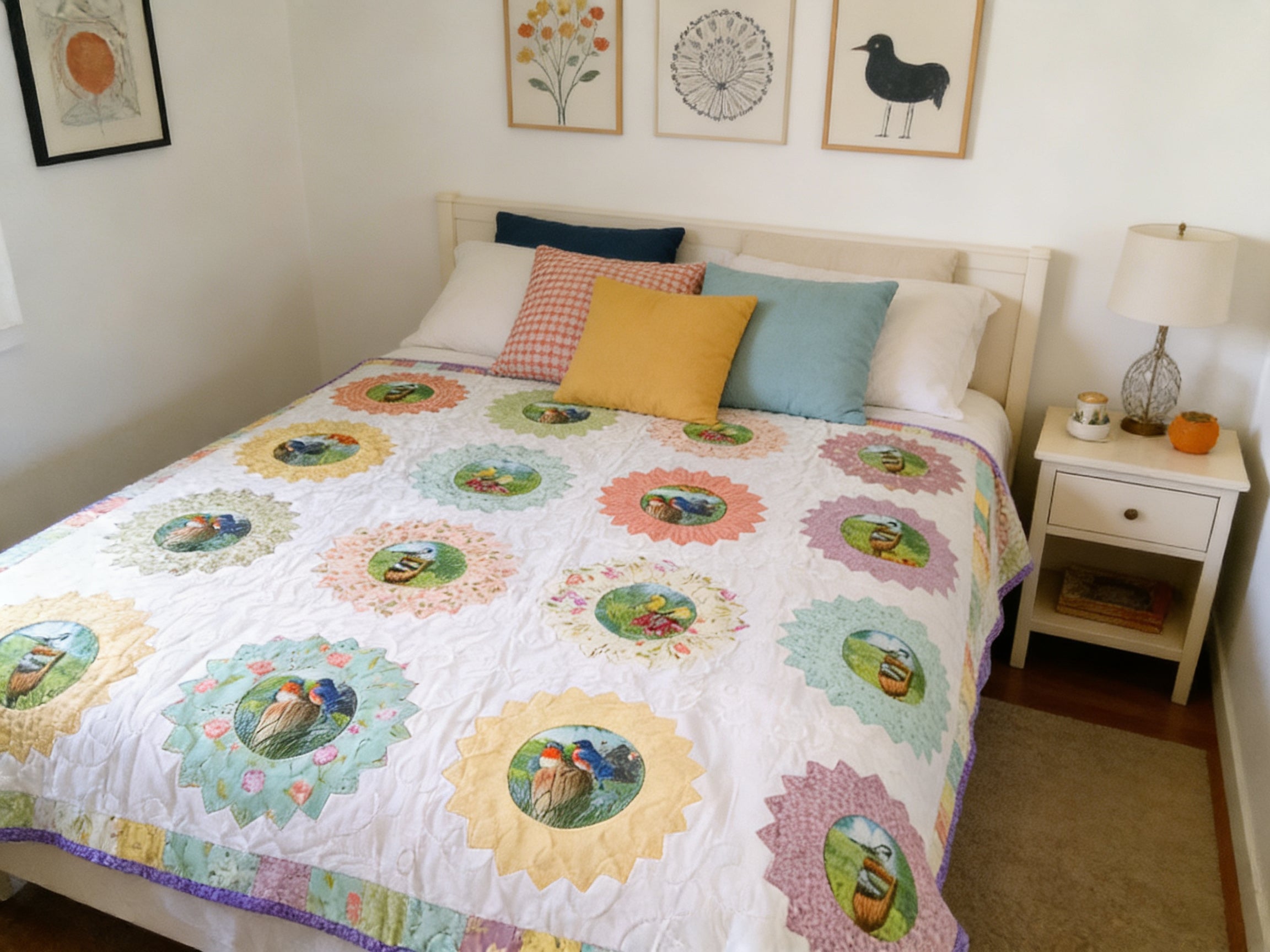 Personalized Bird & Flower Quilt - Handmade Throw Blanket comforter bedspread duvet cover gift idea