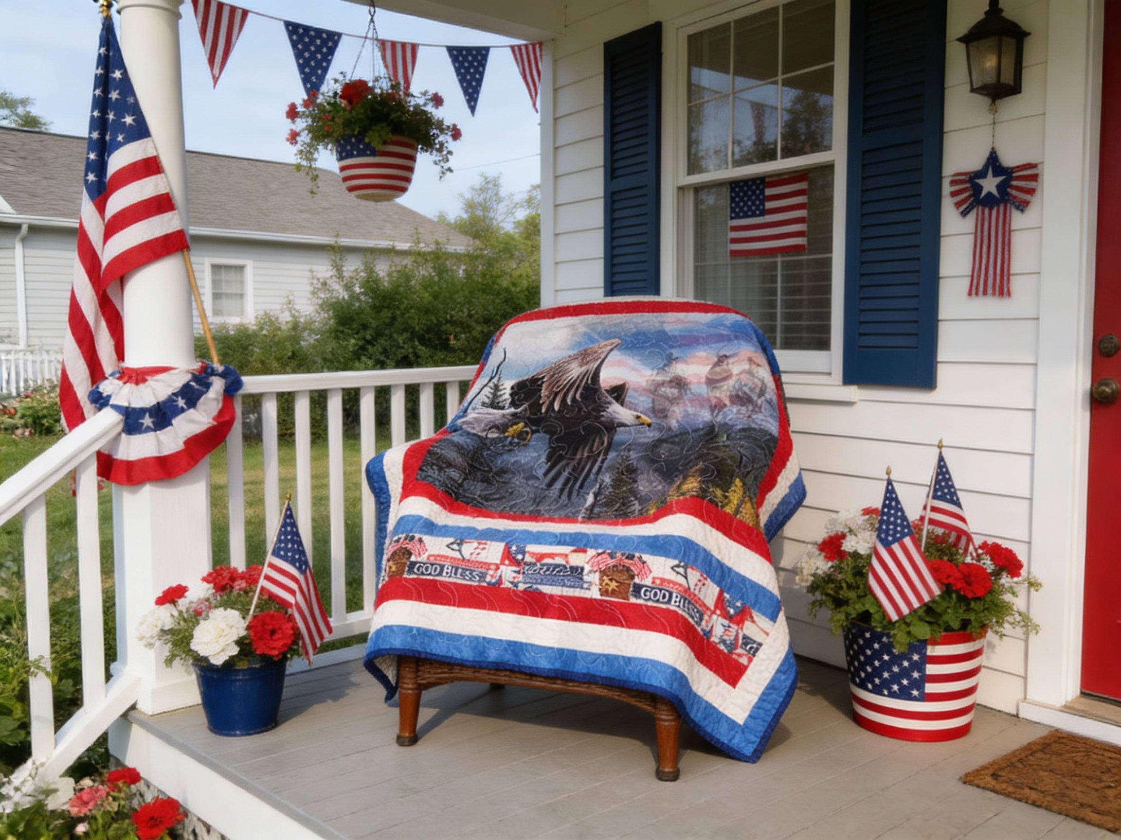 Flying Eagle Patriotic Quilt – Handmade Red White Blue Throw comforter bedspread duvet cover gift idea