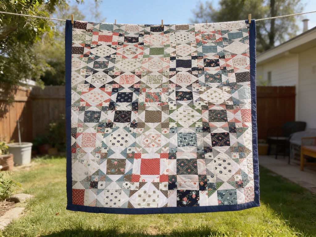 Handmade Queen Size Country Quilt – Blue, Pink & Green Floral Patchwork Blanket comforter bedspread duvet cover throw blanket