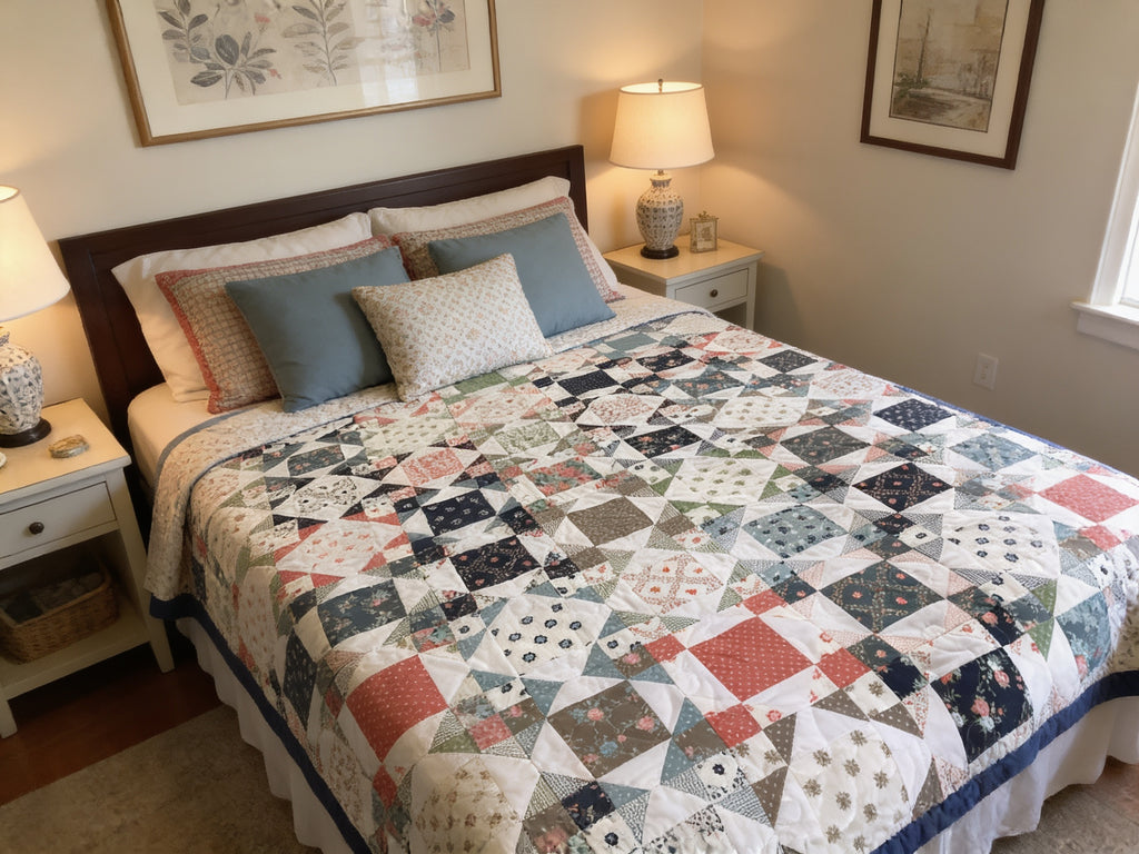 Handmade Queen Size Country Quilt – Blue, Pink & Green Floral Patchwork Blanket comforter bedspread duvet cover throw blanket