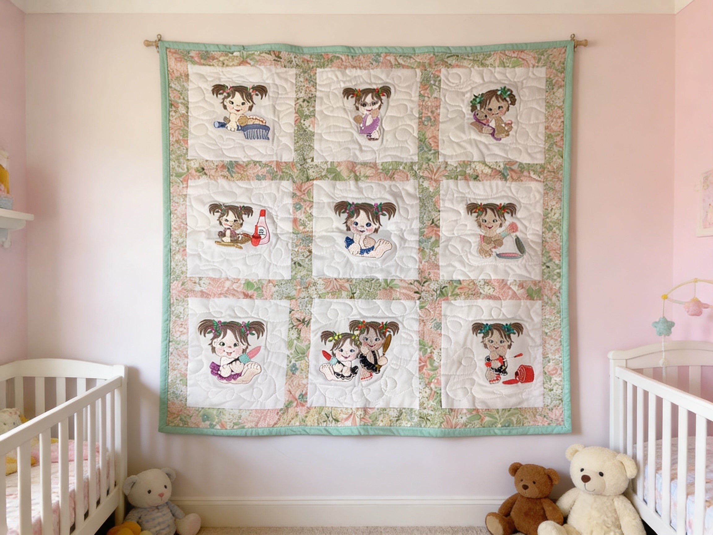 Handmade Embroidered Baby Girls Quilt Art – Colorful Nursery Decor – Baby Shower Gift Idea
