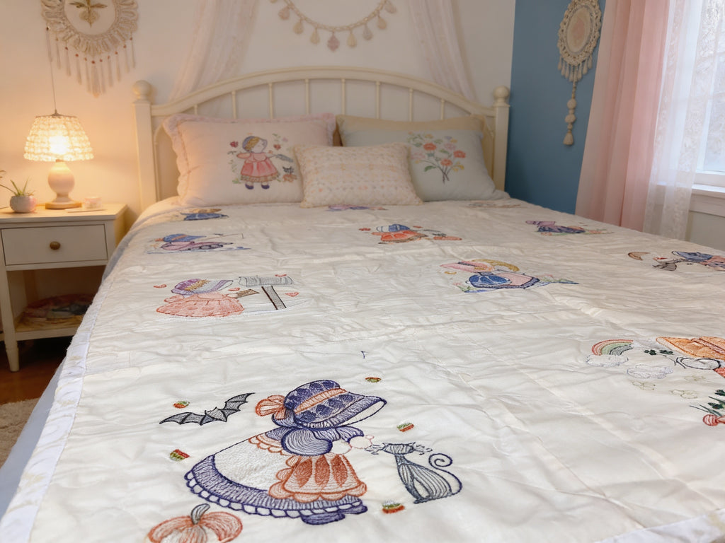 Embroidered Twin Quilt Gift Set, Bag, Wall Hanger,  comforter bedspread duvet cover gift idea