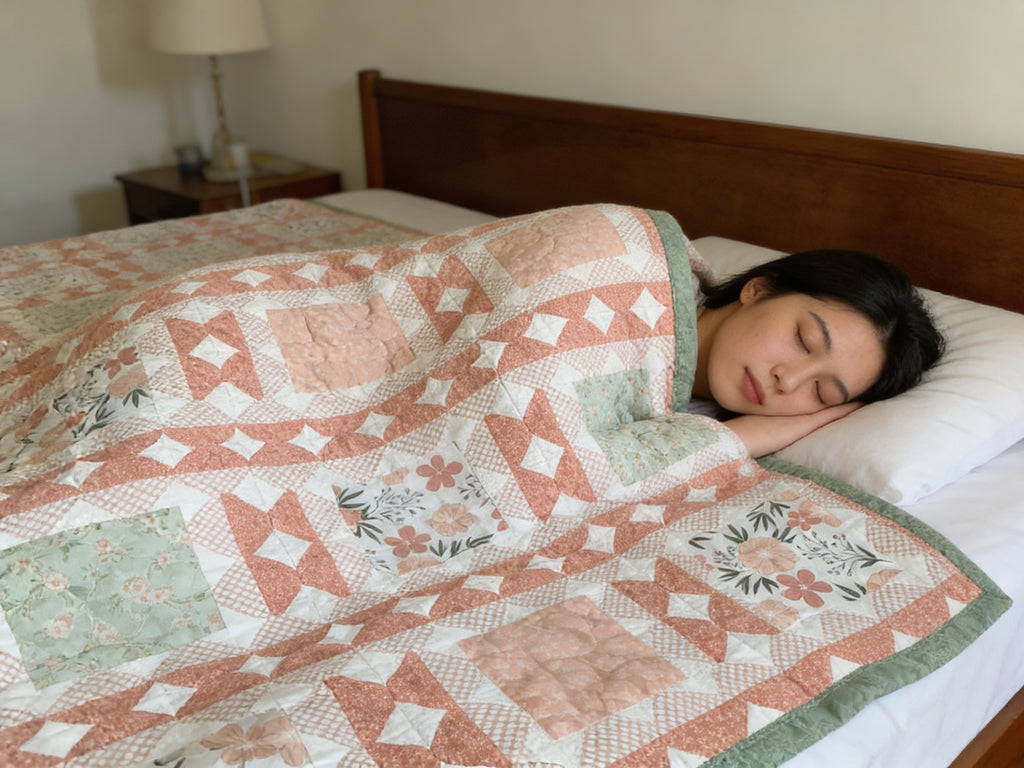 Peach & Green Floral King Quilt – Handmade Square in a Square Patchwork Blanket – Lightweight Heirloom Bedding – Cottage Farmhouse Gift