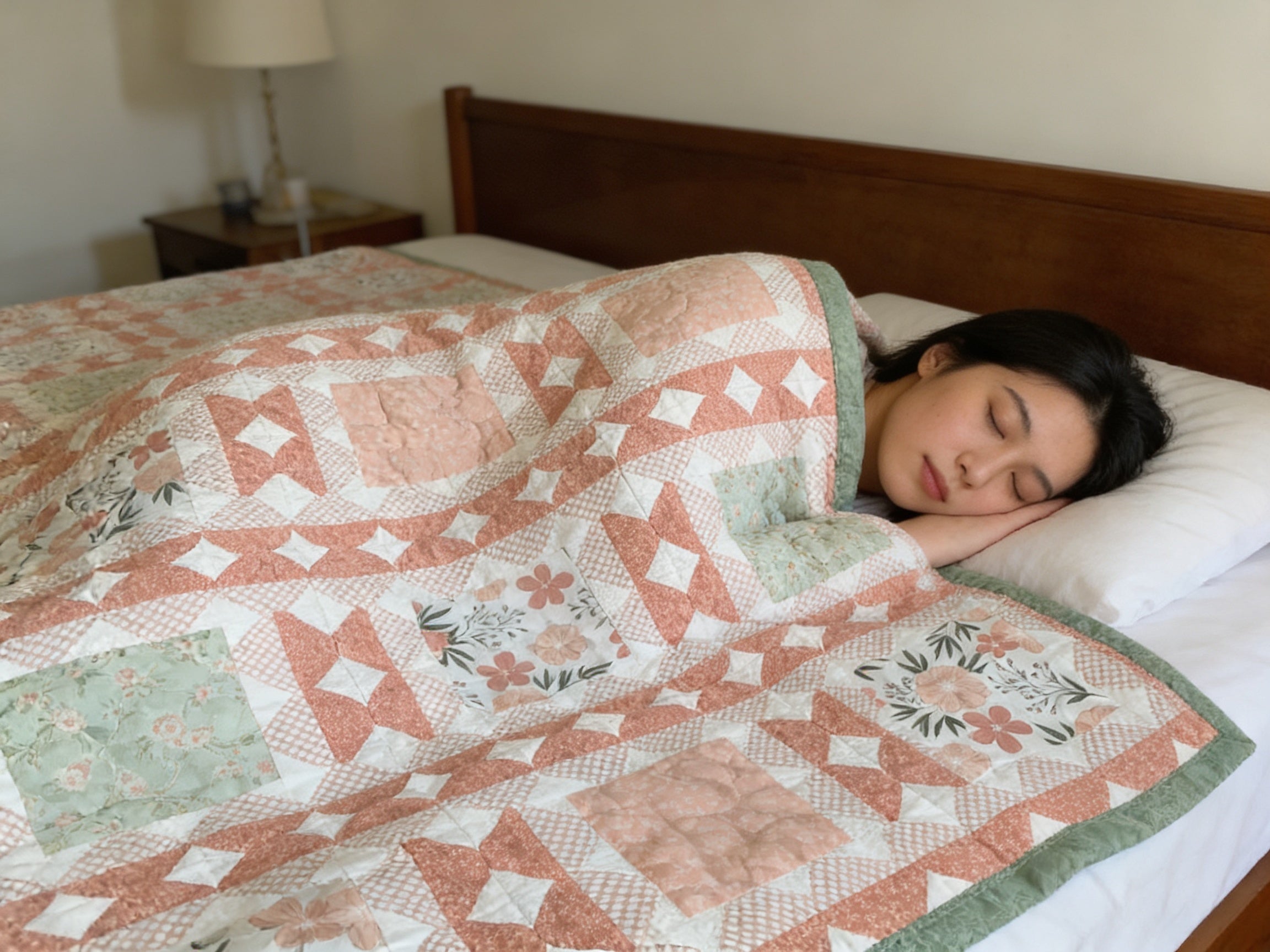 Peach & Green Floral King Quilt – Handmade Square in a Square Patchwork Blanket – Lightweight Heirloom Bedding – Cottage Farmhouse Gift