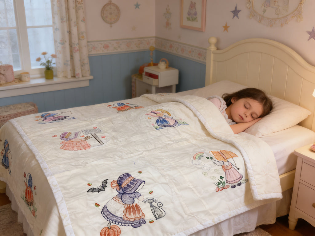 Embroidered Twin Quilt Gift Set, Bag, Wall Hanger,  comforter bedspread duvet cover gift idea
