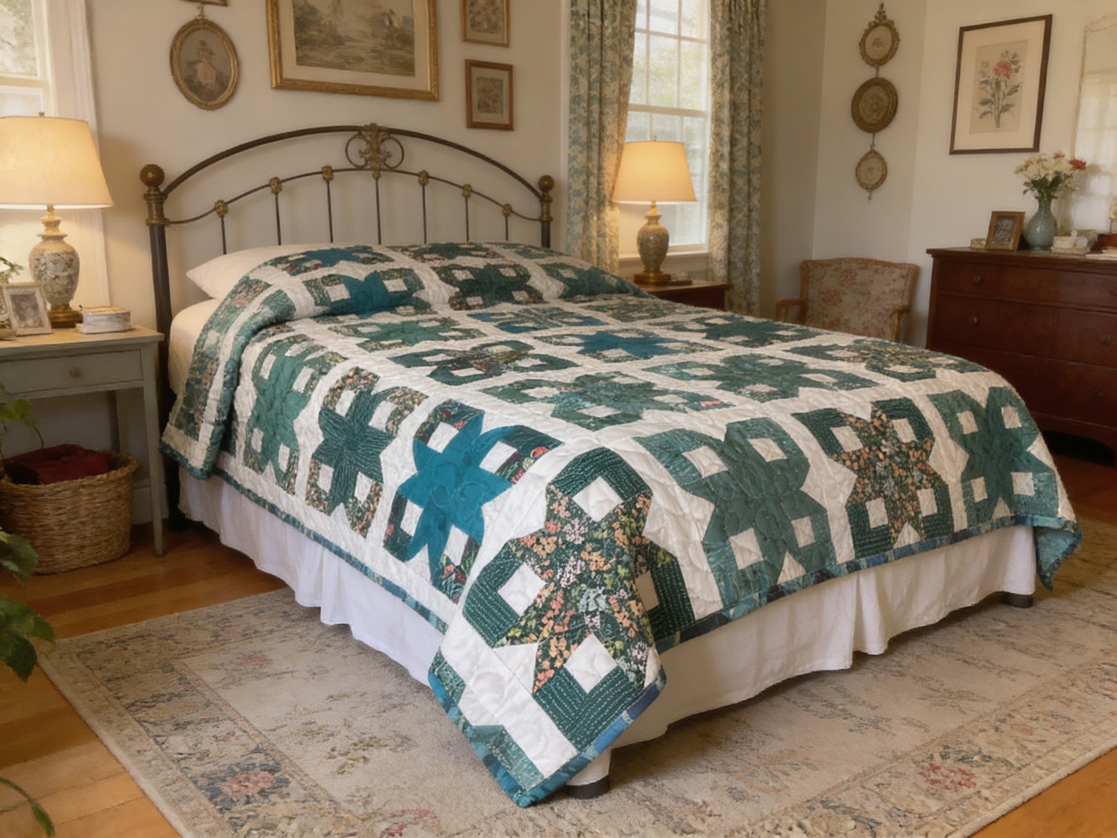 Blue Teal White Geometric Quilt Reversible Handmade Blanket Floral Accent Lightweight Quilt Gift