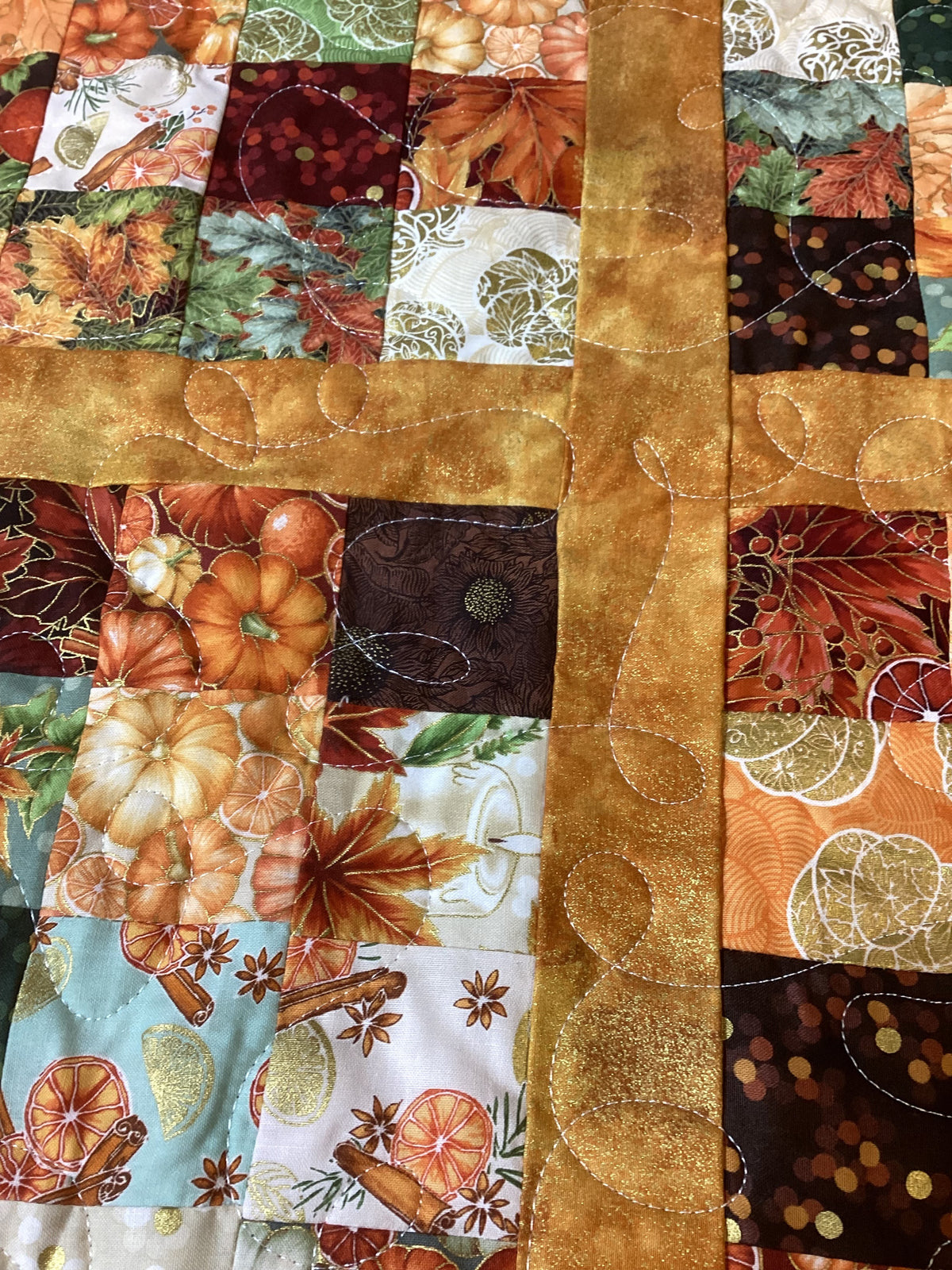 Handmade Autumn Quilt – Orange Yellow Leaf Pumpkin Print