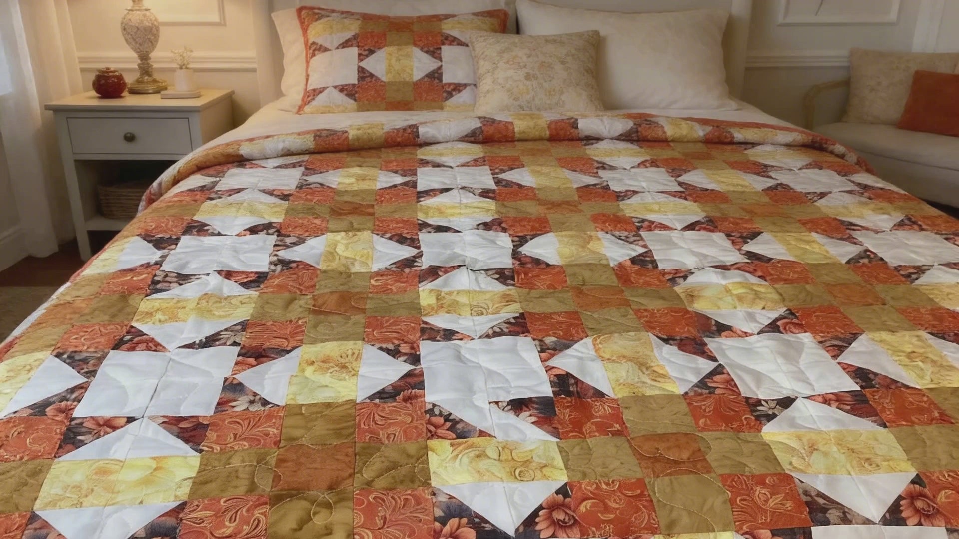 Sunburst Starfire Queen Quilt – Handmade Orange Yellow White Star Pattern Bedspread – Reversible Heirloom Blanket