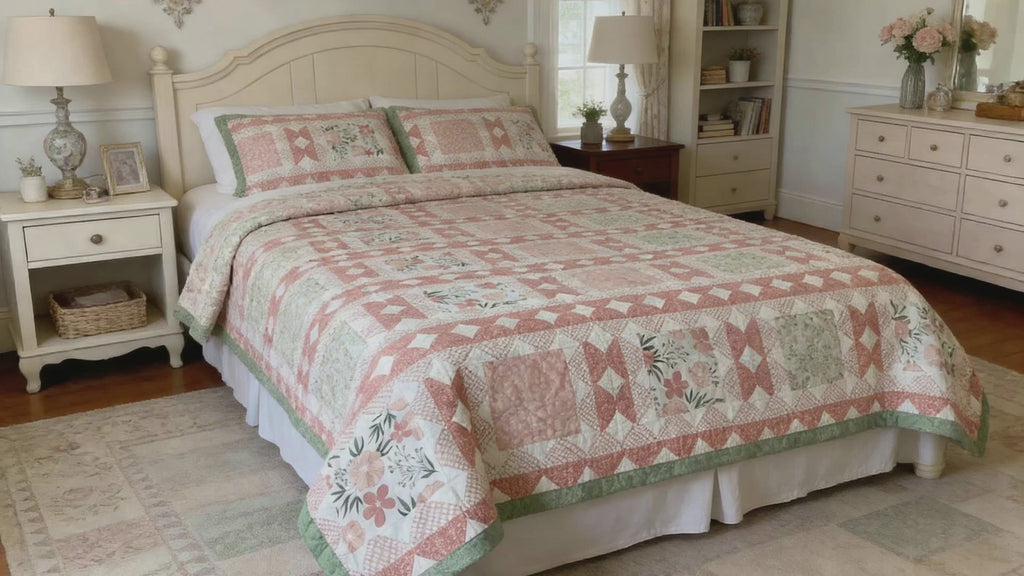 Peach & Green Floral King Quilt – Handmade Square in a Square Patchwork Blanket – Lightweight Heirloom Bedding – Cottage Farmhouse Gift