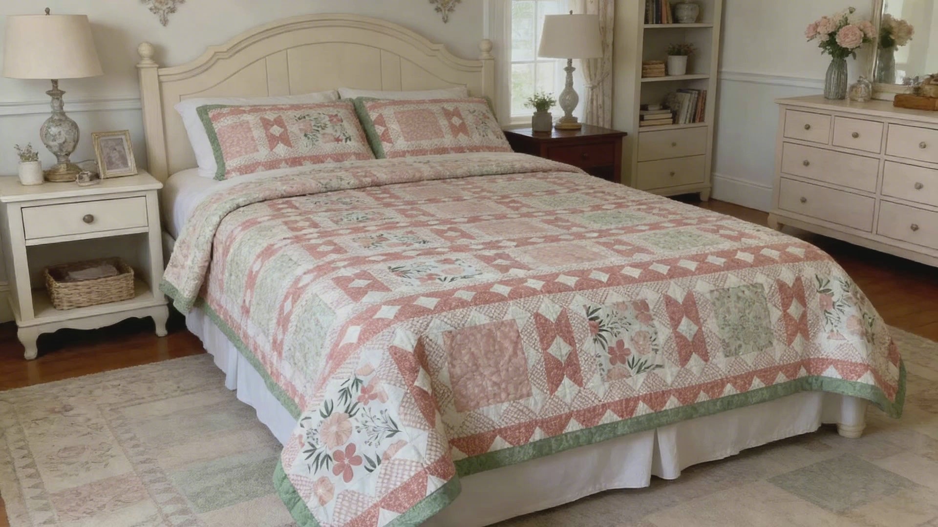 Peach & Green Floral King Quilt – Handmade Square in a Square Patchwork Blanket – Lightweight Heirloom Bedding – Cottage Farmhouse Gift