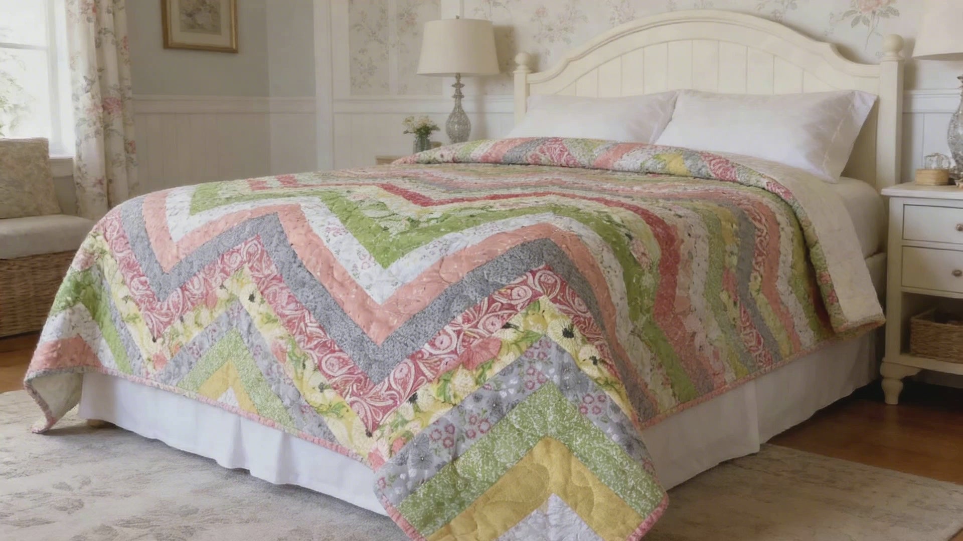 Handmade Chevron Pattern King Size Quilt – Soft Pastel Colors, Personalized comforter bedspread duvet cover throw blanket