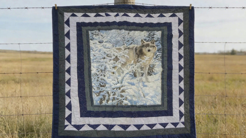 Handmade Wolf Winter Scene Quilt – Cozy full/ throw Blanket with Royal Blue Backing  comforter bedspread duvet cover