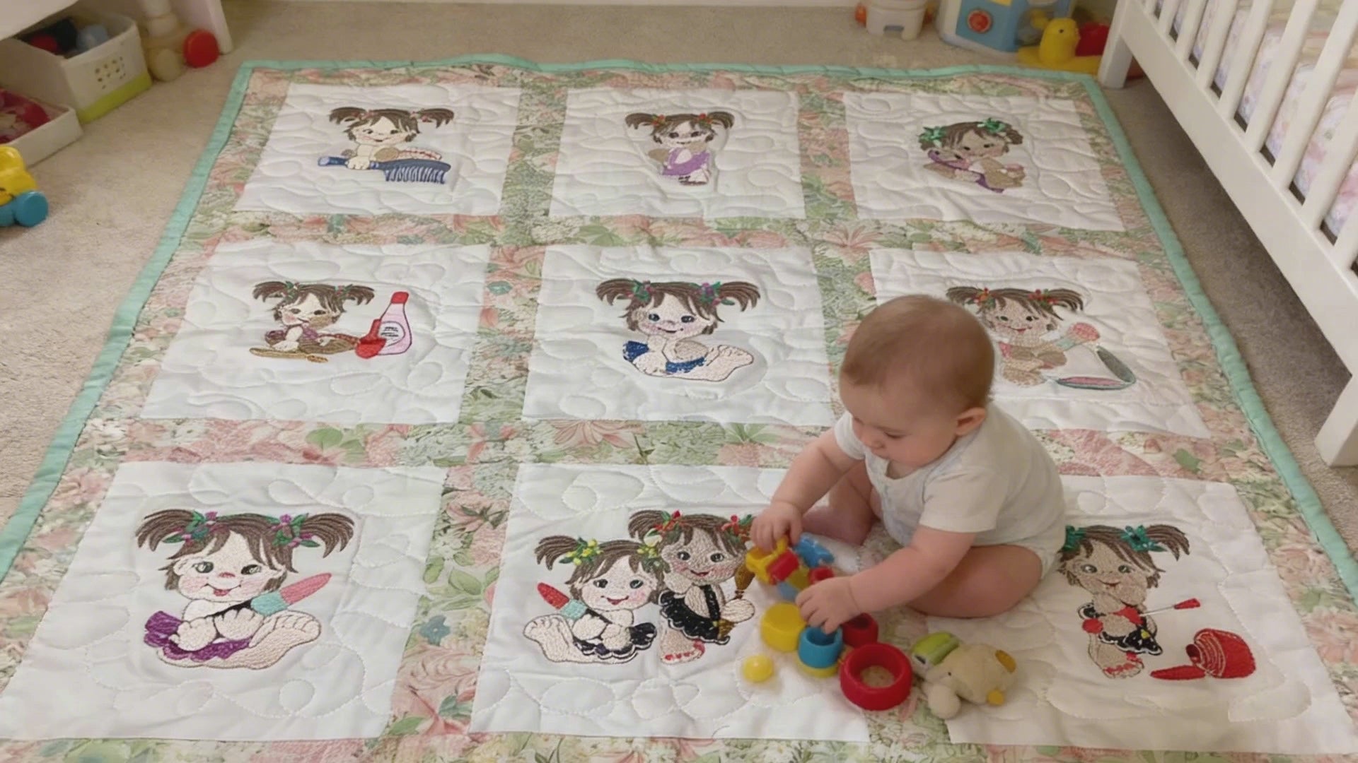Handmade Embroidered Baby Girls Quilt Art – Colorful Nursery Decor – Baby Shower Gift Idea