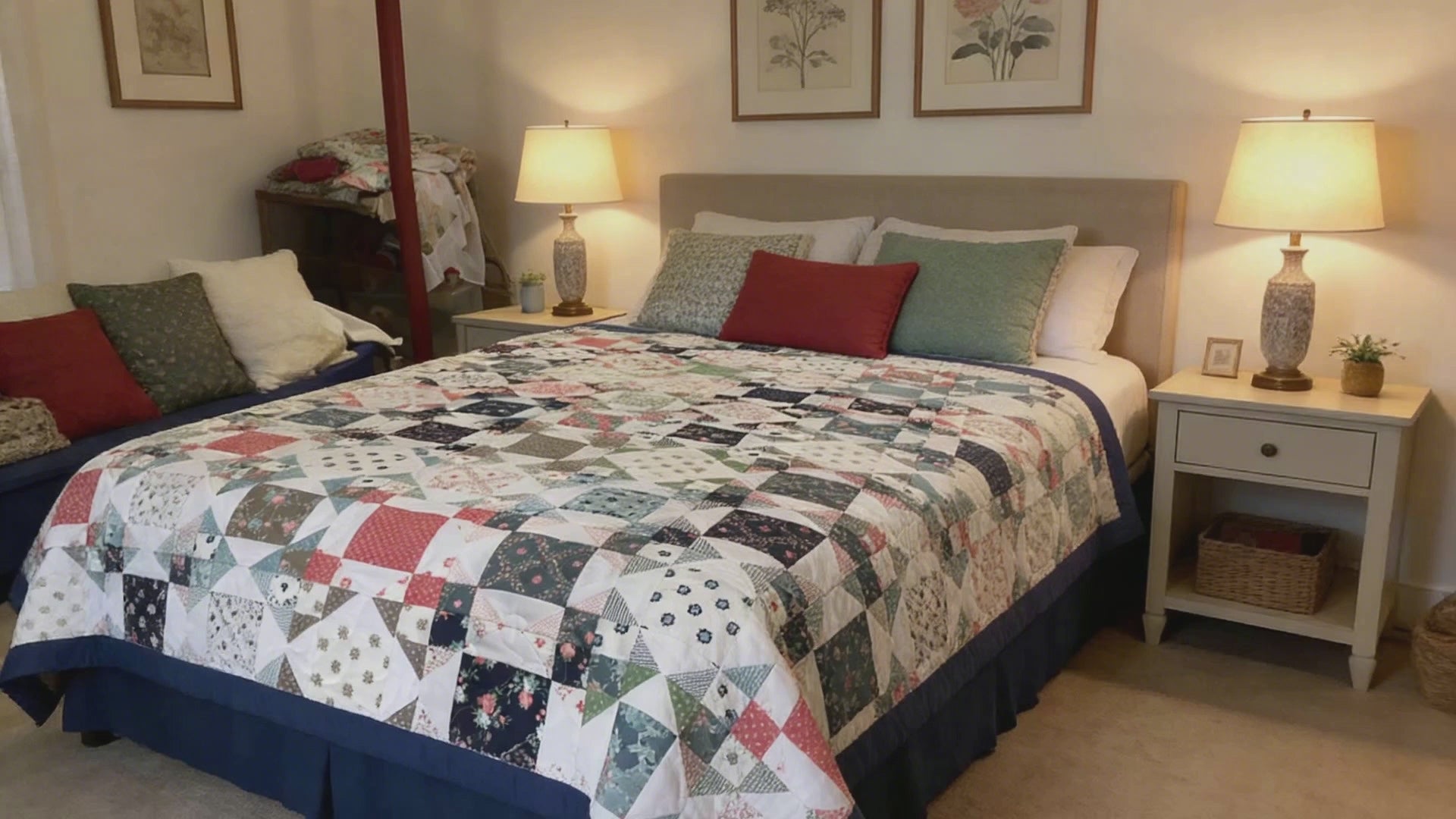 Handmade Queen Size Country Quilt – Blue, Pink & Green Floral Patchwork Blanket comforter bedspread duvet cover throw blanket