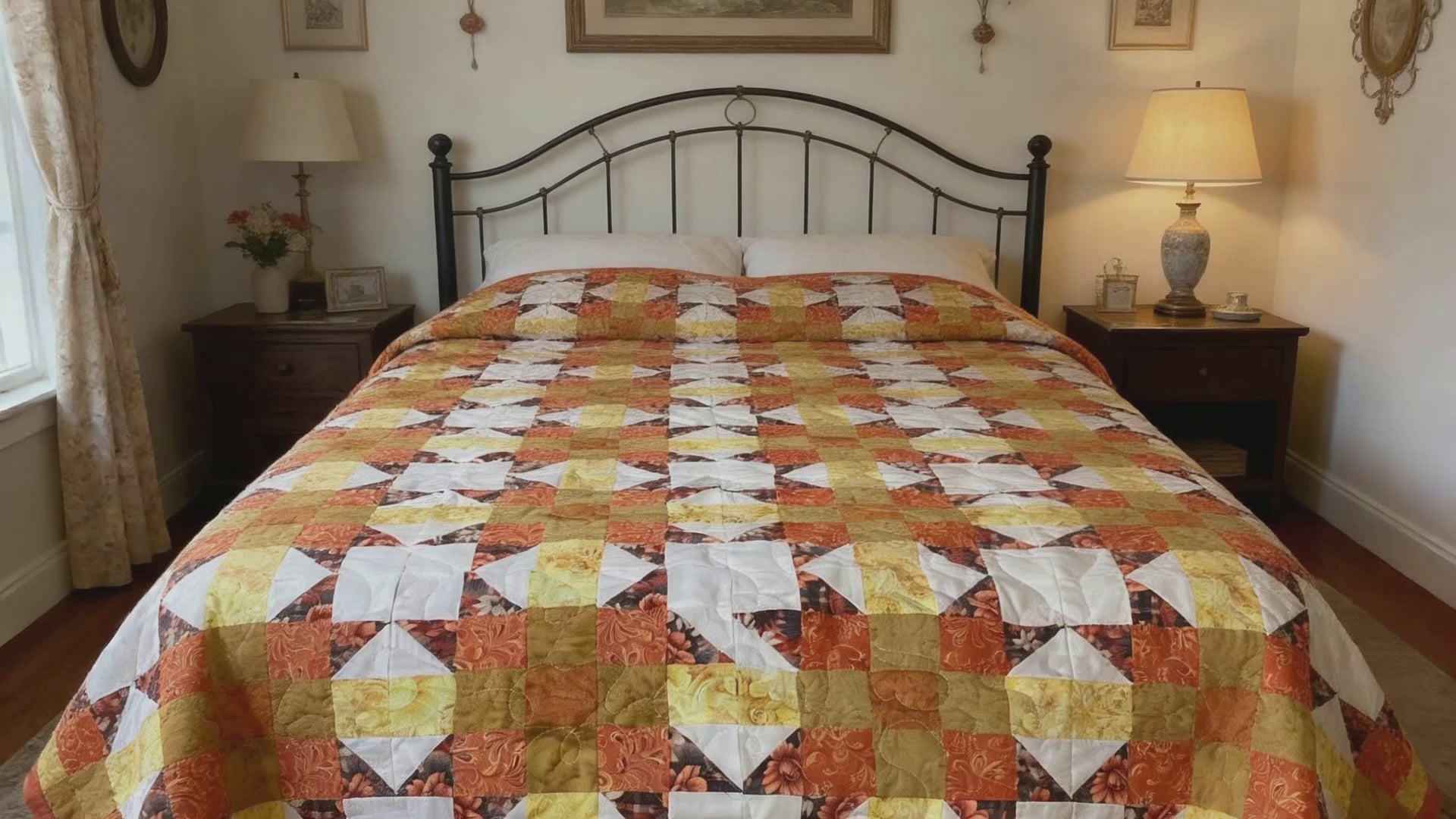 Sunburst Starfire Queen Quilt – Handmade Orange Yellow White Star Pattern Bedspread – Reversible Heirloom Blanket