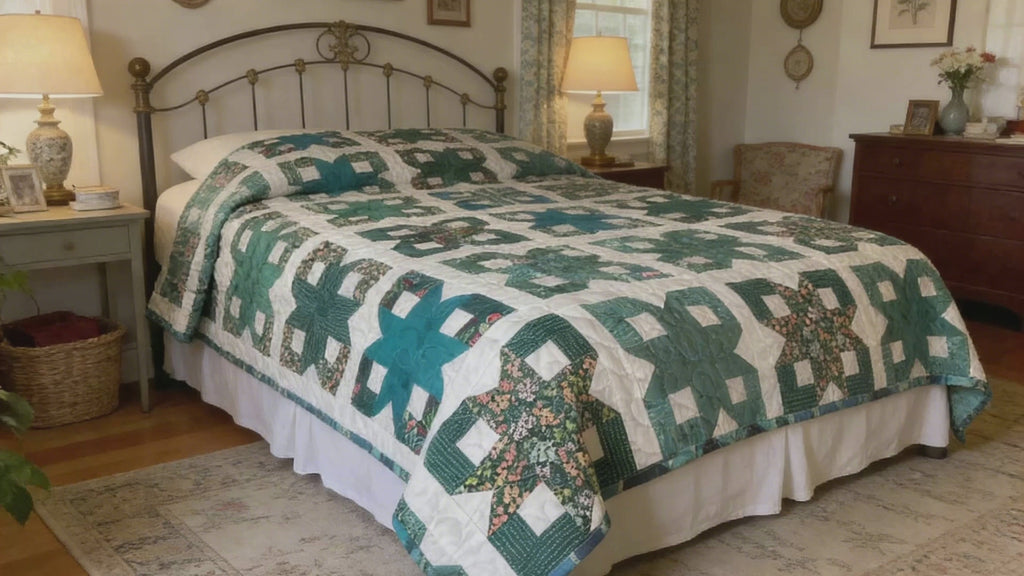 Blue Teal White Geometric Quilt Reversible Handmade Blanket Floral Accent Lightweight Quilt Gift