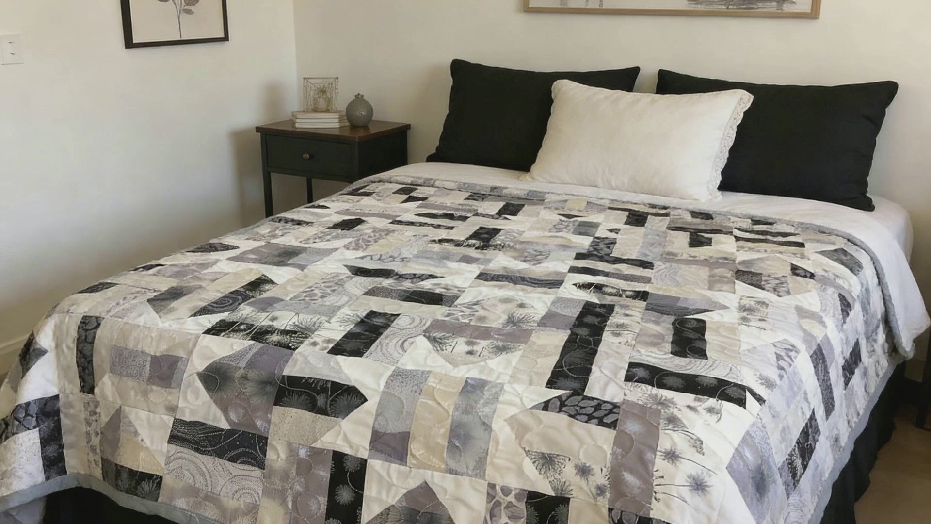 Light weight Handmade Black White Gray Patchwork Quilt – Modern Throw Blanket – 69x69 Bedspread – One of a Kind Quilt Gift comforter
