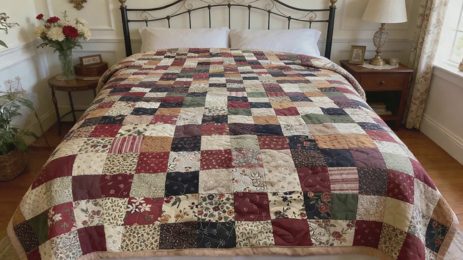 Handmade Patchwork Quilt Blanket – Brown Tan Green Blue Full Size Quilt – Cozy Farmhouse Bedding – One of a Kind Quilted Throw Gift